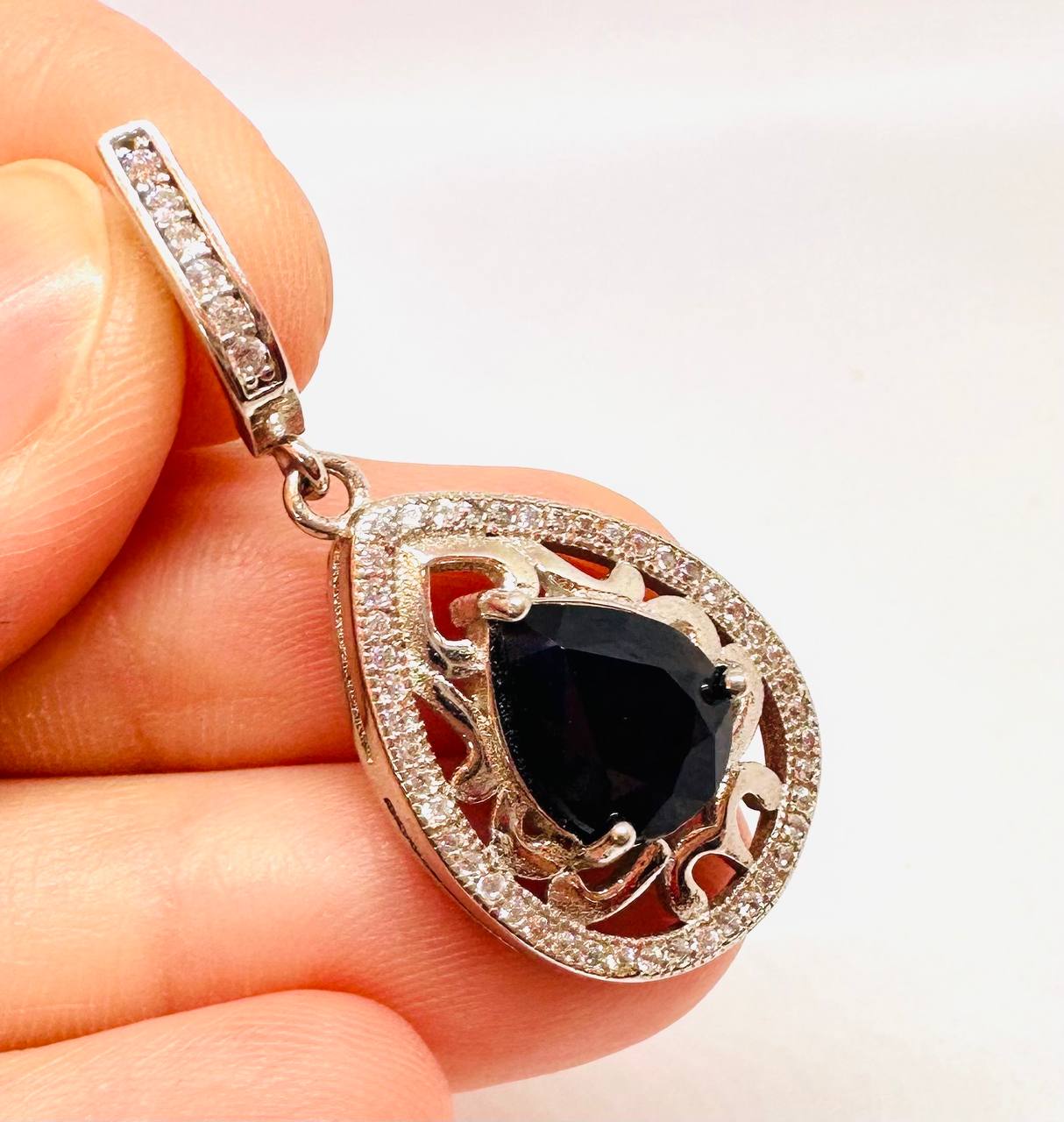 925 Sterling Silver, White Gold Plated Natural Teardrop Sapphire Pendant with Swiss Diamonds — Handcrafted 3