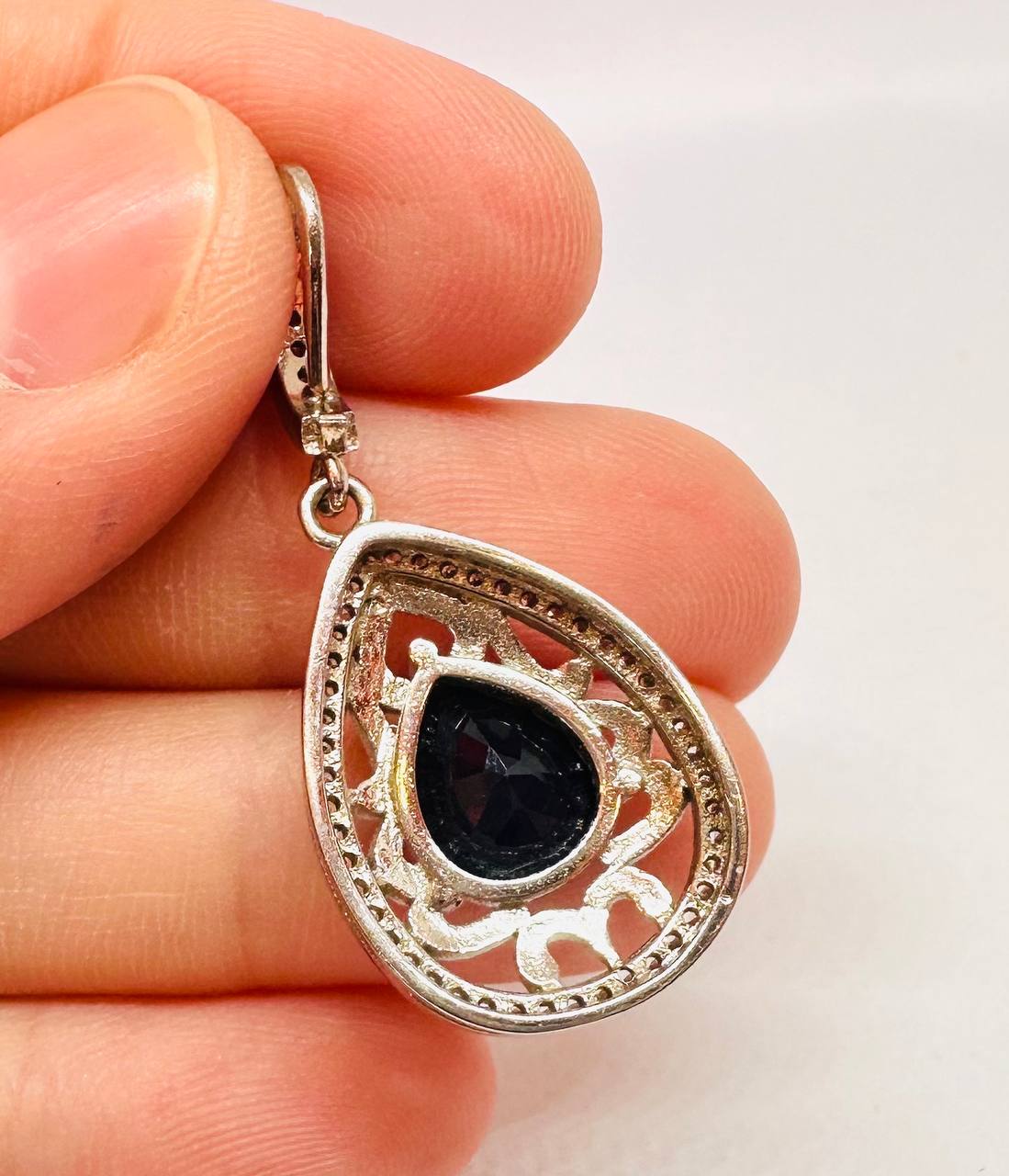 925 Sterling Silver, White Gold Plated Natural Teardrop Sapphire Pendant with Swiss Diamonds — Handcrafted 4