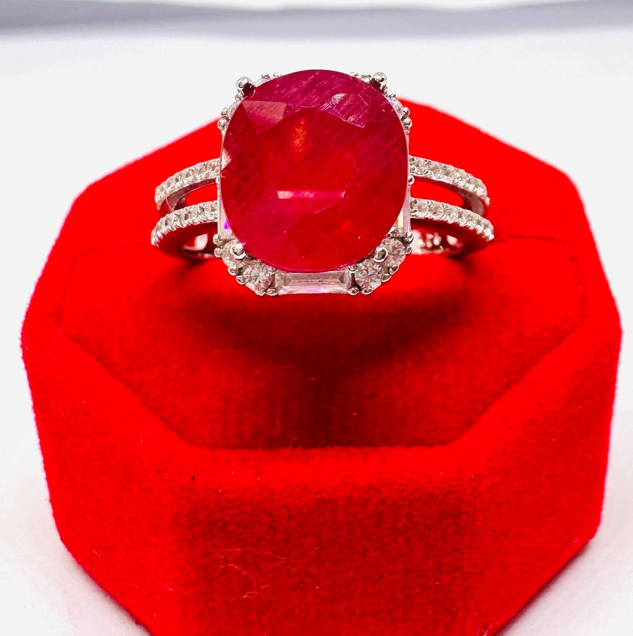 925 Sterling Silver Natural Faceted Ruby Ring with Swiss Diamonds — Handcrafted 3
