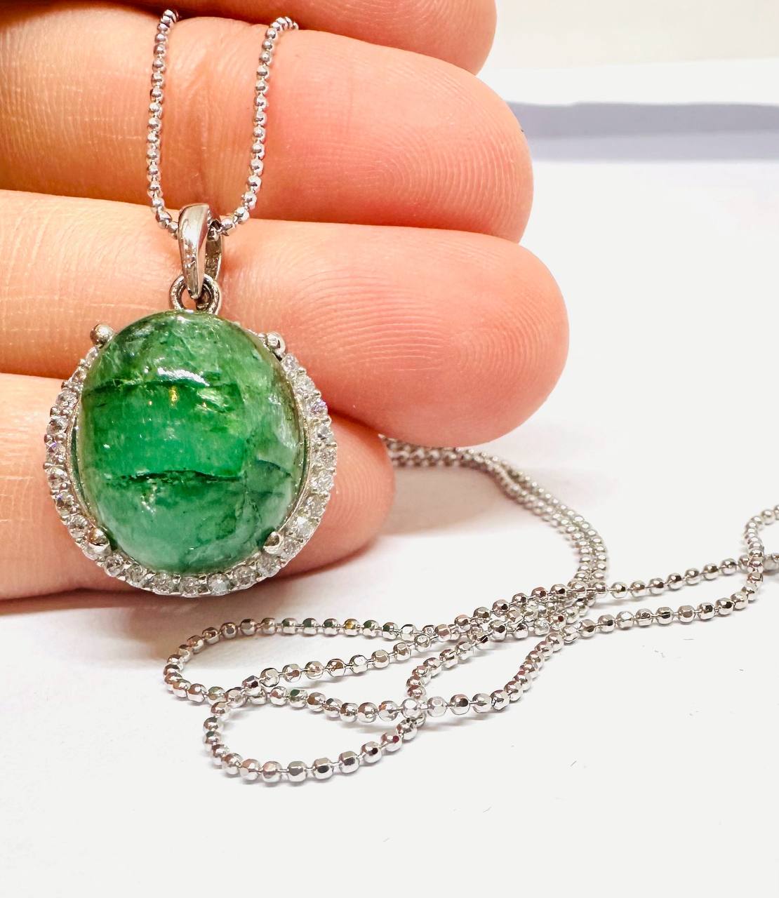 925 Sterling Silver (Italian Chain) Natural Cabochon Zambian Emerald Necklace with Swiss Diamonds — Handcrafted