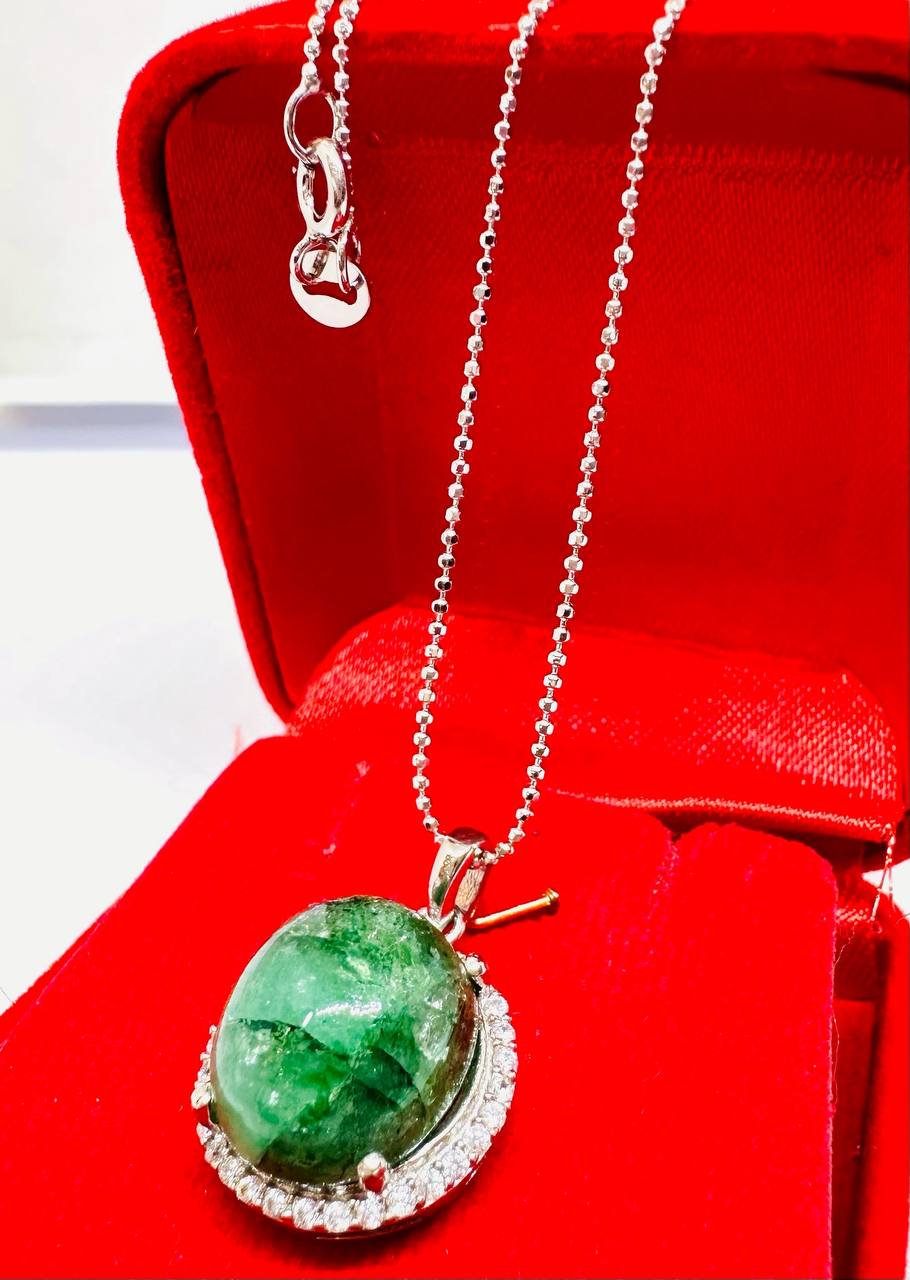 925 plata de ley (cadena italiana) Natural cabujón Zambian esmeralda collar con Swiss diamantes 4
