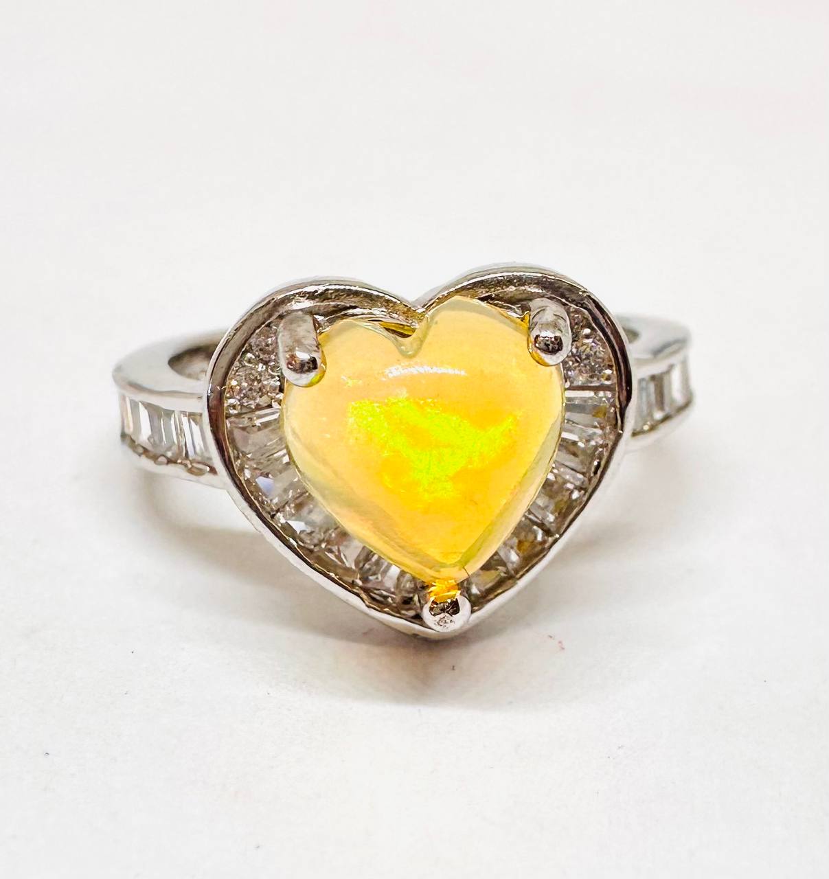 925 Sterling Silver, White Gold Plated Natural Heart Opal (Heart Cut) Ring with Swiss Diamonds — Handcrafted