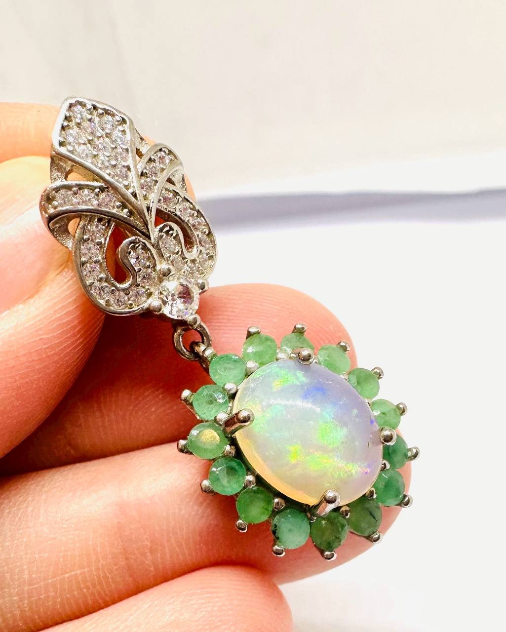 925 Sterling Silver, White Gold Plated Natural Opal Pendant with Swiss Diamonds — Handcrafted 2