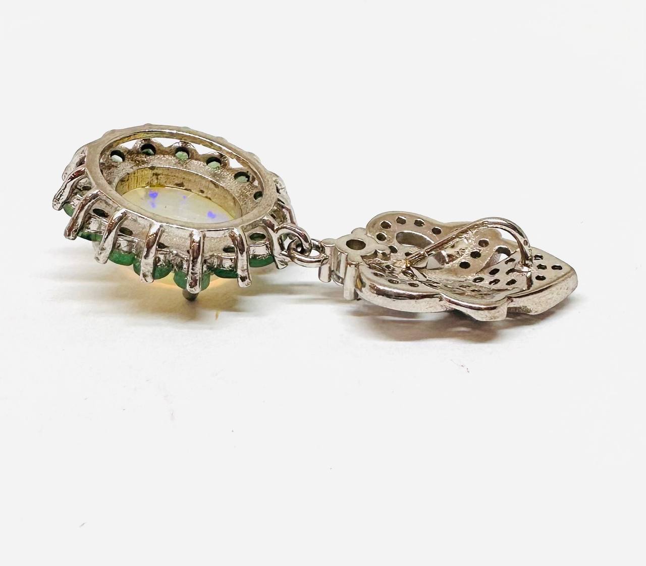925 Sterling Silver, White Gold Plated Natural Opal Pendant with Swiss Diamonds — Handcrafted 3