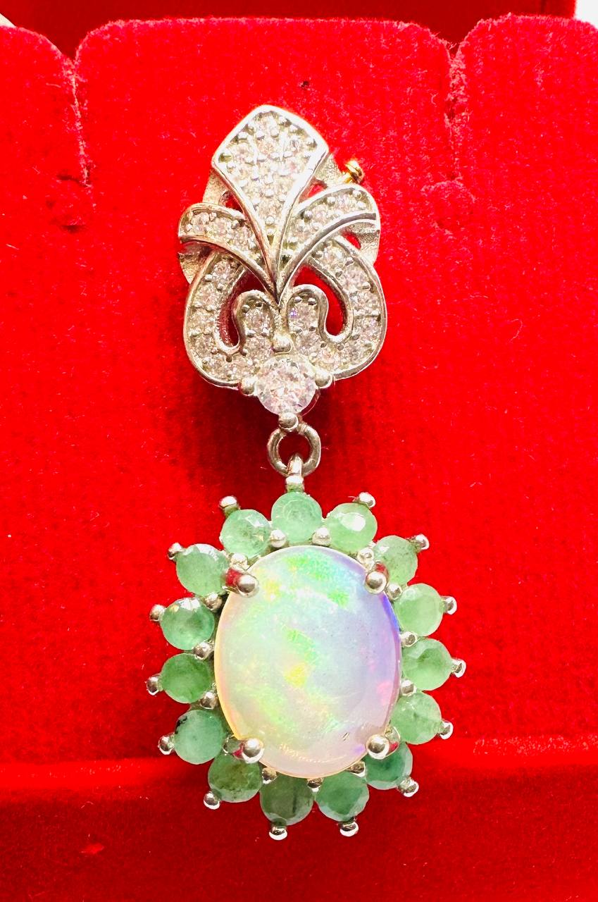925 Sterling Silver, White Gold Plated Natural Opal Pendant with Swiss Diamonds — Handcrafted 4