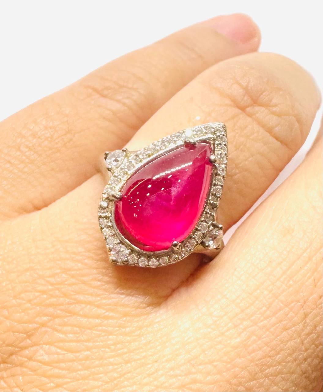 925 Sterling Silver, White Gold Plated Natural Teardrop Ruby Ring with Swiss Diamonds — Handcrafted 2