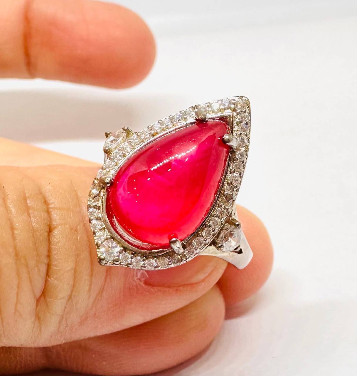 925 Sterling Silver, White Gold Plated Natural Teardrop Ruby Ring with Swiss Diamonds — Handcrafted 3