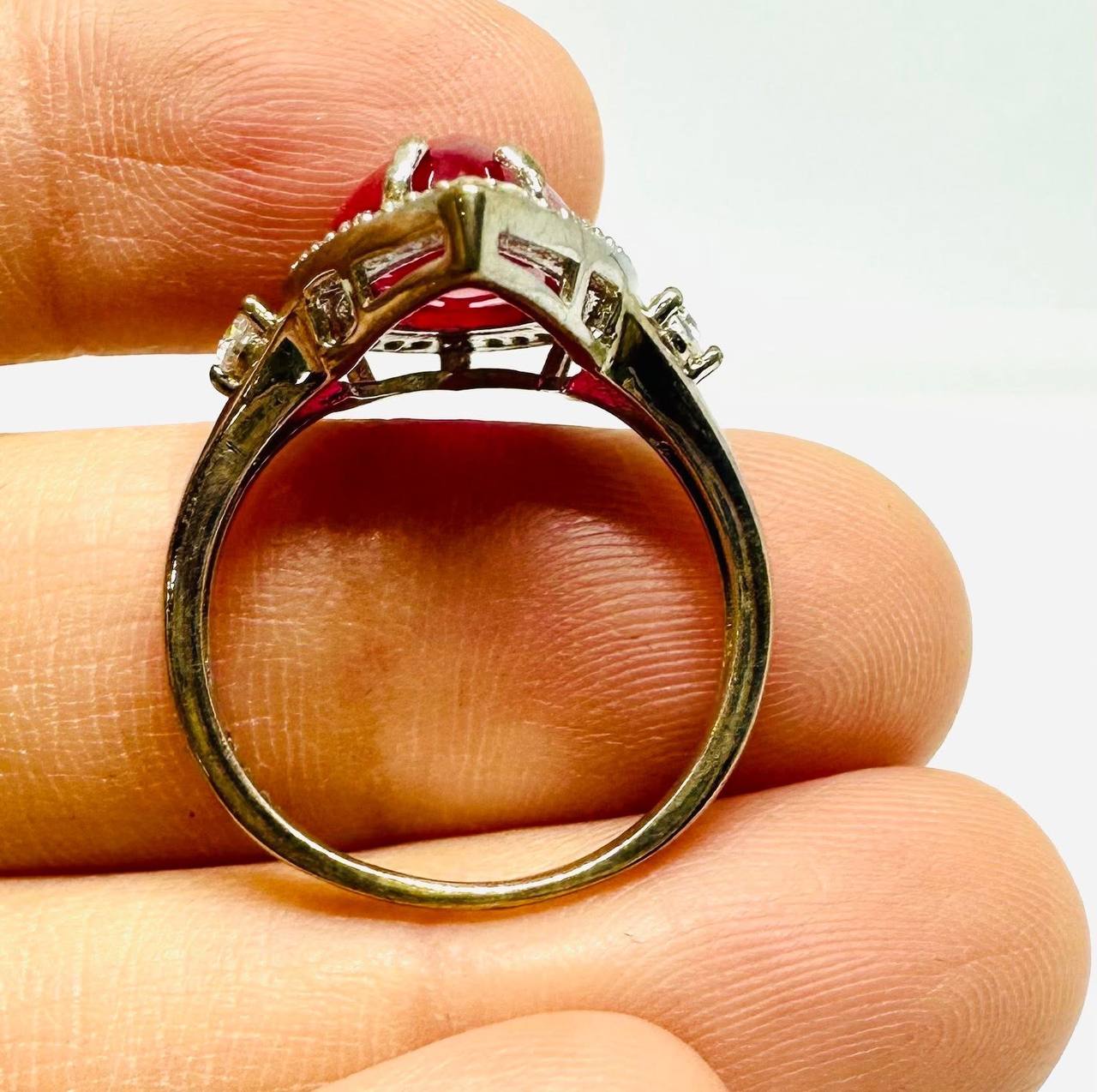 925 Sterling Silver, White Gold Plated Natural Teardrop Ruby Ring with Swiss Diamonds — Handcrafted 4