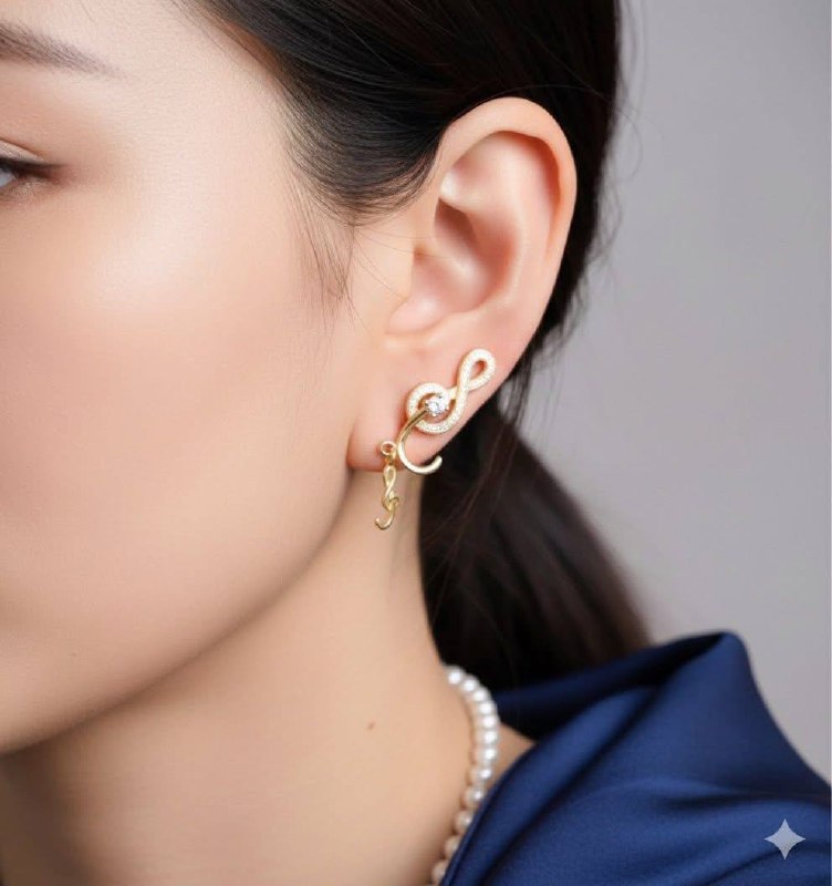 925 Sterling Silver (Stamped), Gold Plated Cubic Zirconia Treble Clef Stud Earrings — Handcrafted 2
