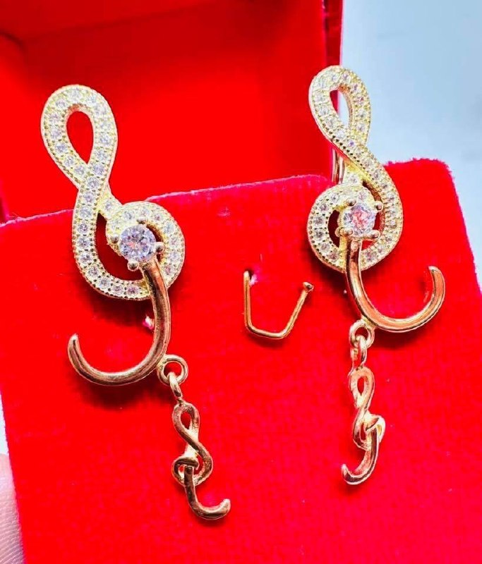 925 Sterling Silver (Stamped), Gold Plated Cubic Zirconia Treble Clef Stud Earrings — Handcrafted 3