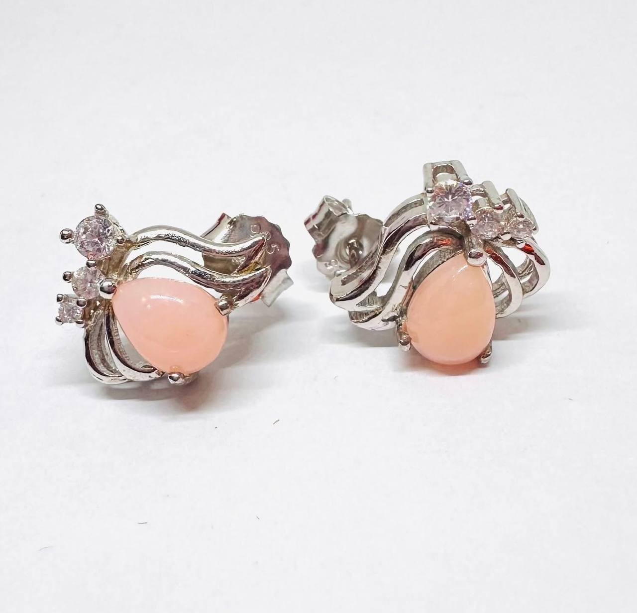 925 Sterling Silver, White Gold Plated Natural Pink Opal Stud Earrings with Swiss Diamonds — Handcrafted