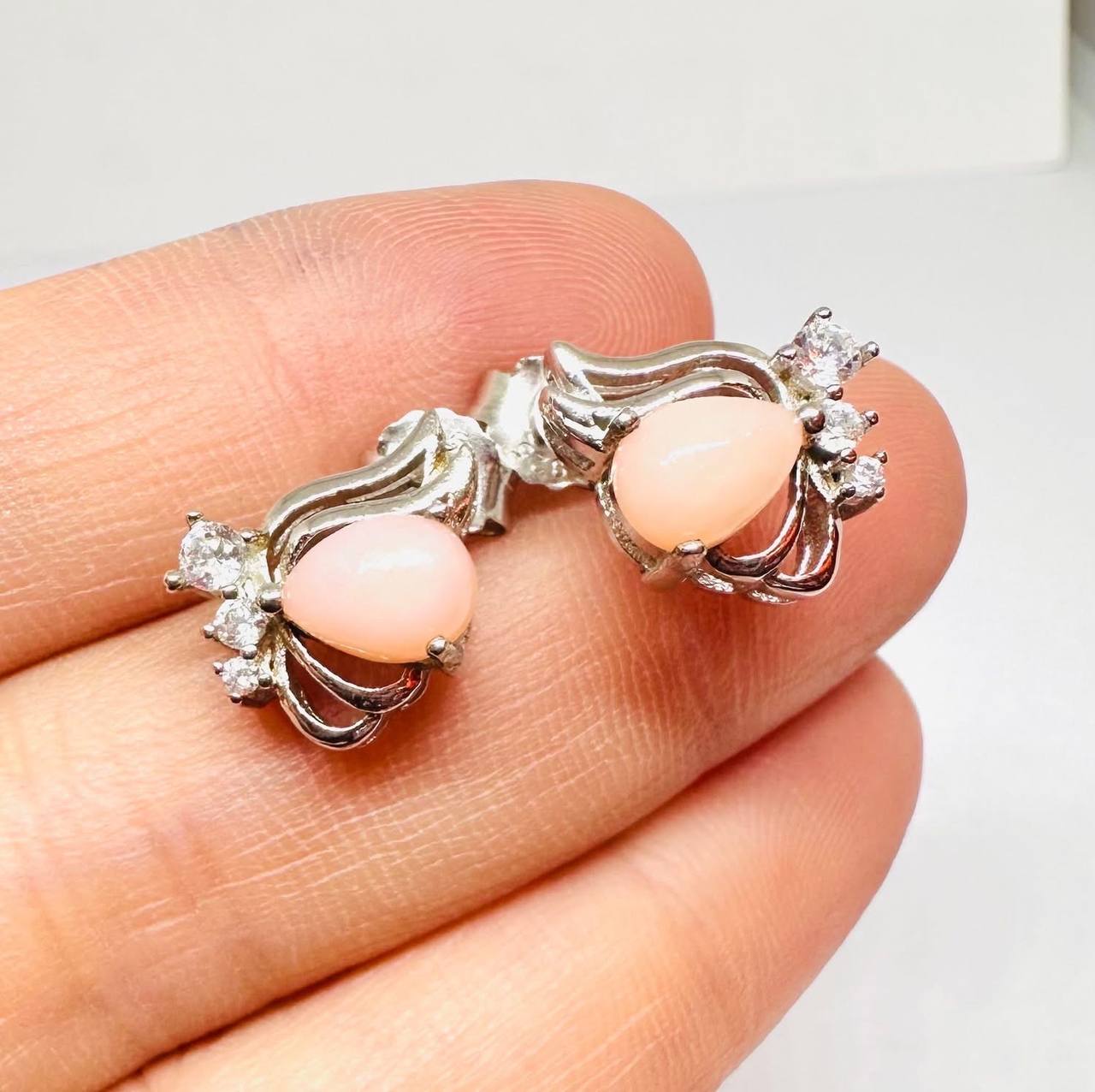 925 Sterling Silver, White Gold Plated Natural Pink Opal Stud Earrings with Swiss Diamonds — Handcrafted 4