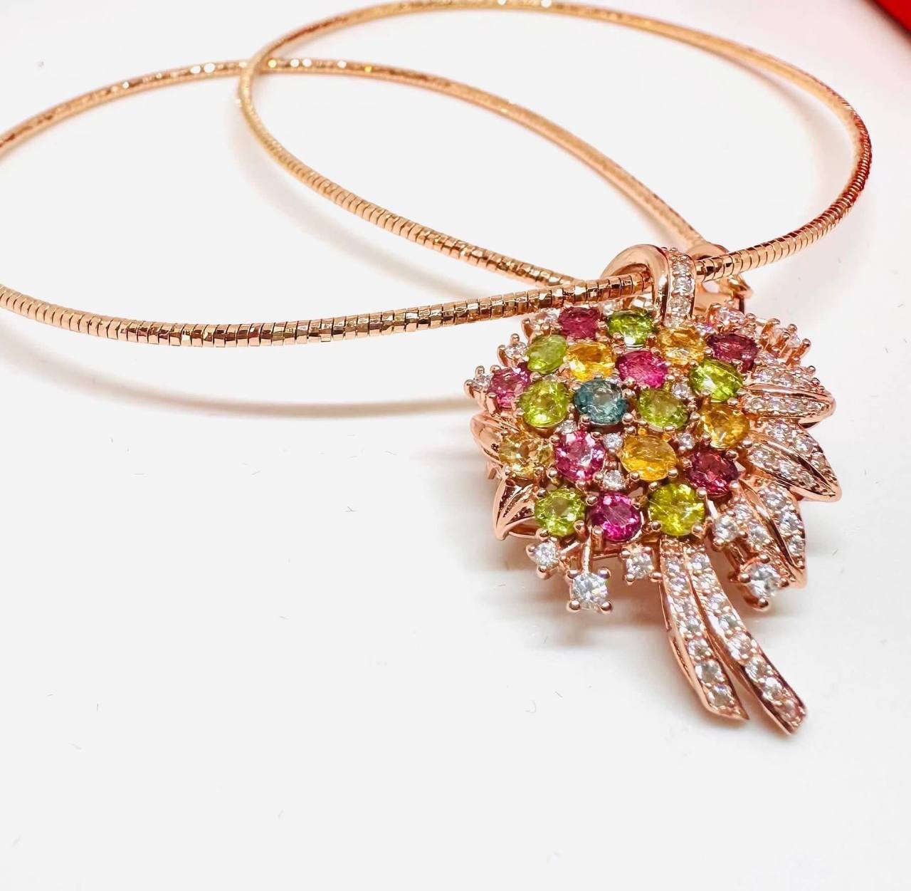 925 Sterling Silver, Pink Gold Plated Natural Multi-Color Sapphire Pendant & Brooch — Handcrafted