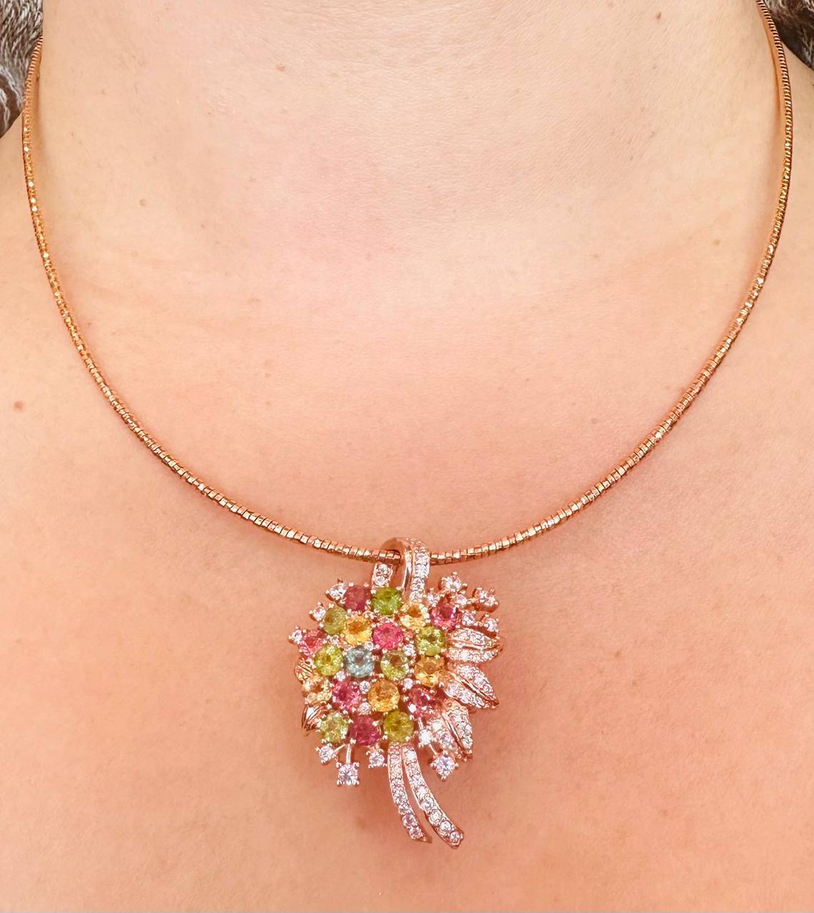925 Sterling Silver, Pink Gold Plated Natural Multi-Color Sapphire Pendant & Brooch — Handcrafted 5