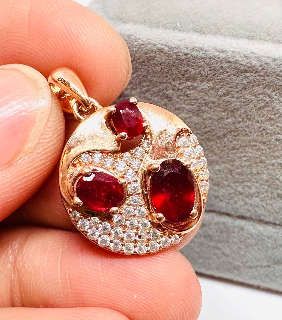 925 Sterling Silver, Rose Gold Plated Natural Ruby Pendant with Swiss Diamonds — Handcrafted