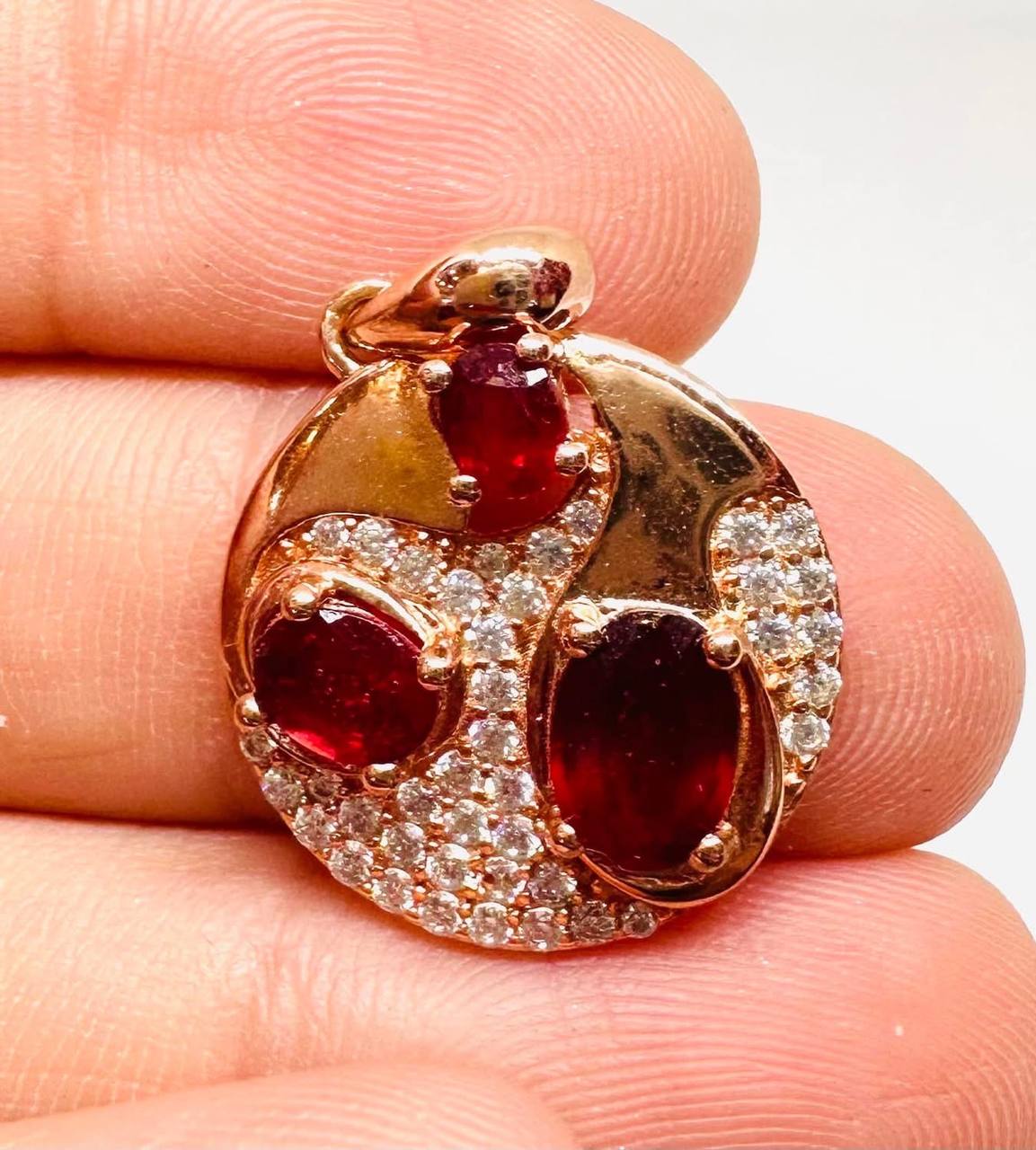 925 Sterling Silver, Rose Gold Plated Natural Ruby Pendant with Swiss Diamonds — Handcrafted 4