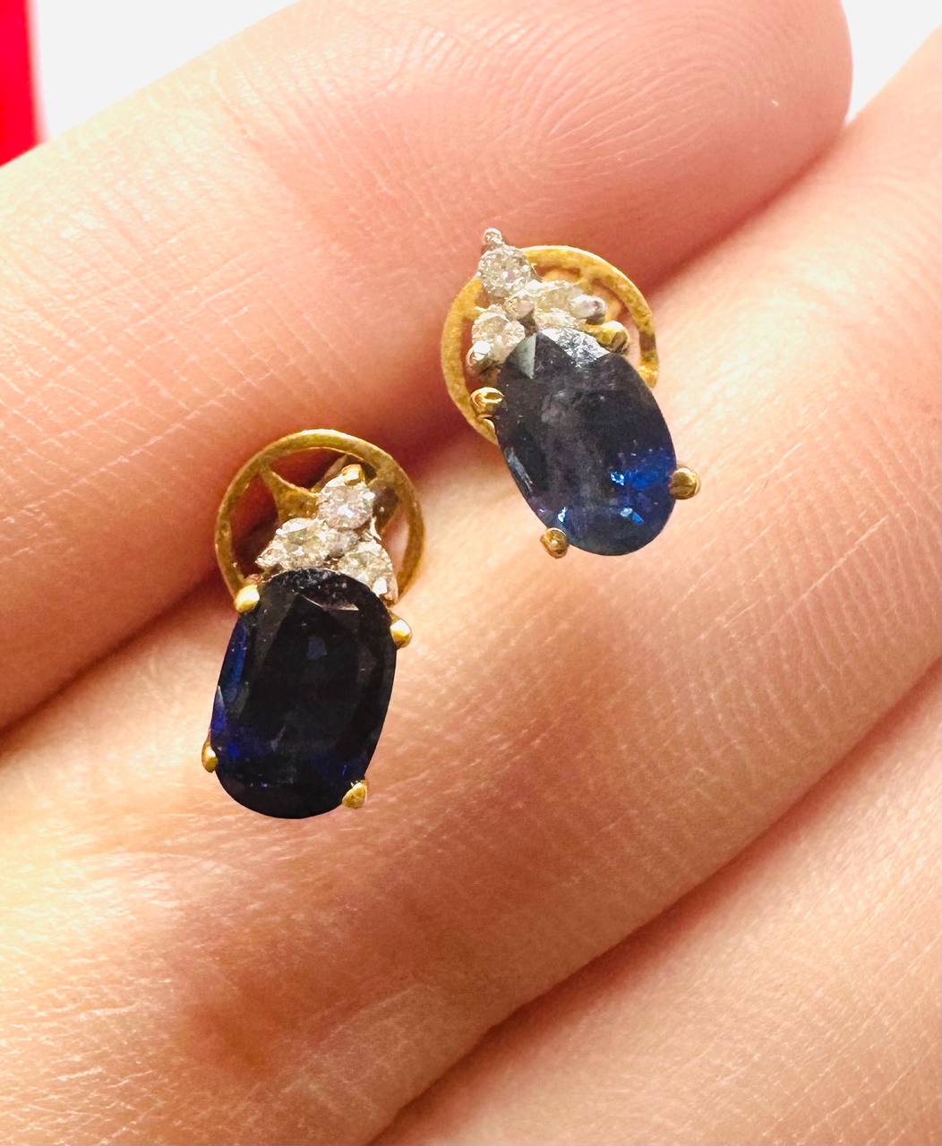 90% Gold (22K) Natural Sapphire Stud Earrings with Natural Diamonds — Handcrafted 2