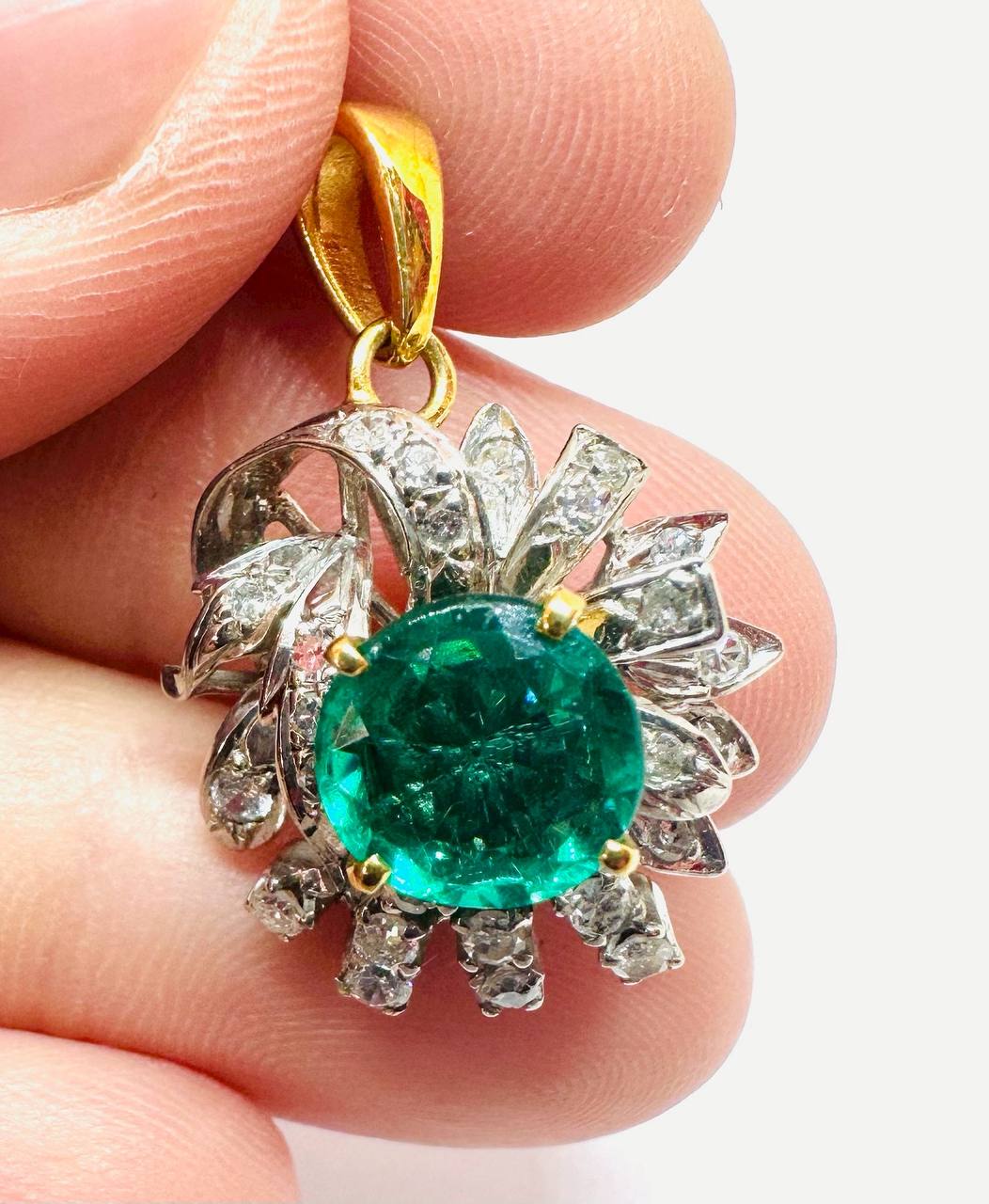 9K Gold Natural Emerald Pendant with Natural Diamonds — Handcrafted