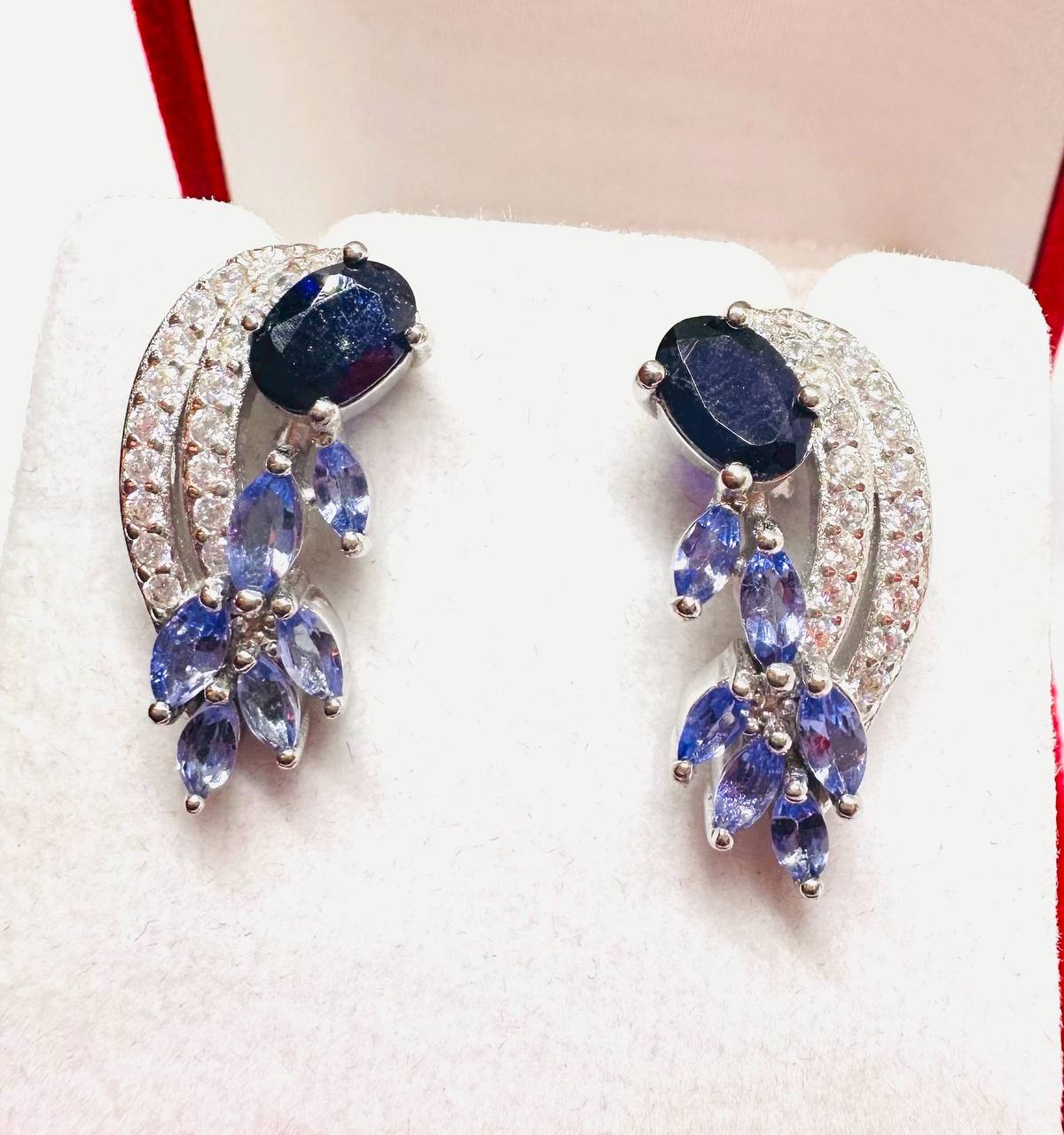 925 Sterling Silver (Stamped), White Gold Plated Natural Tanzanite Wing Drop Earrings — Handcrafted 3