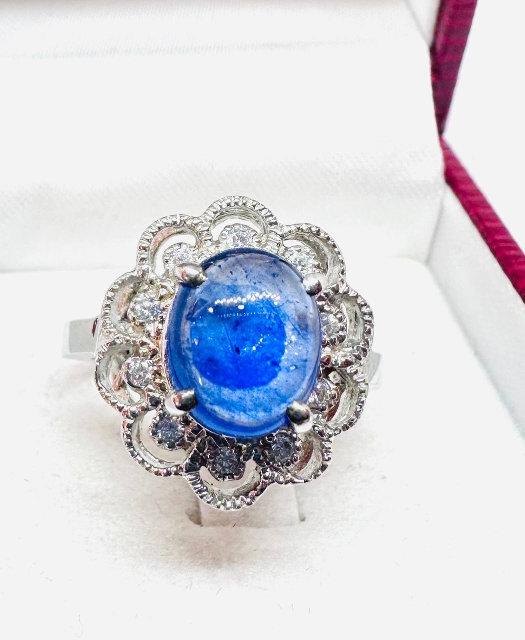 925 Sterling Silver, White Gold Plated Natural Cabochon Sapphire Ring with Swiss Diamonds — Handcrafted