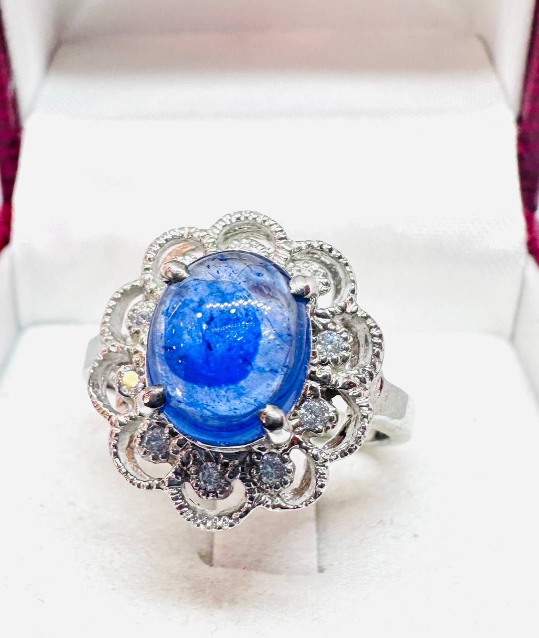 925 Sterling Silver, White Gold Plated Natural Cabochon Sapphire Ring with Swiss Diamonds — Handcrafted 2