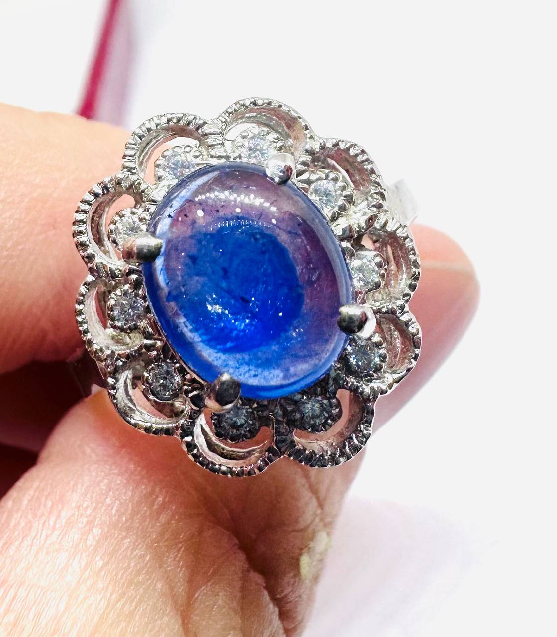 925 Sterling Silver, White Gold Plated Natural Cabochon Sapphire Ring with Swiss Diamonds — Handcrafted 3