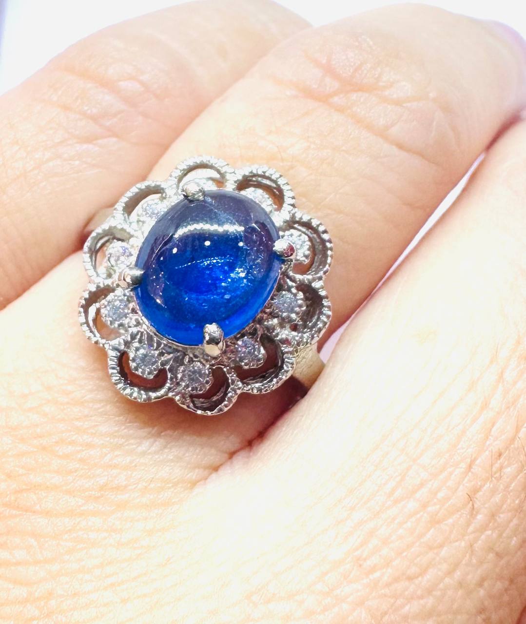 925 Sterling Silver, White Gold Plated Natural Cabochon Sapphire Ring with Swiss Diamonds — Handcrafted 4