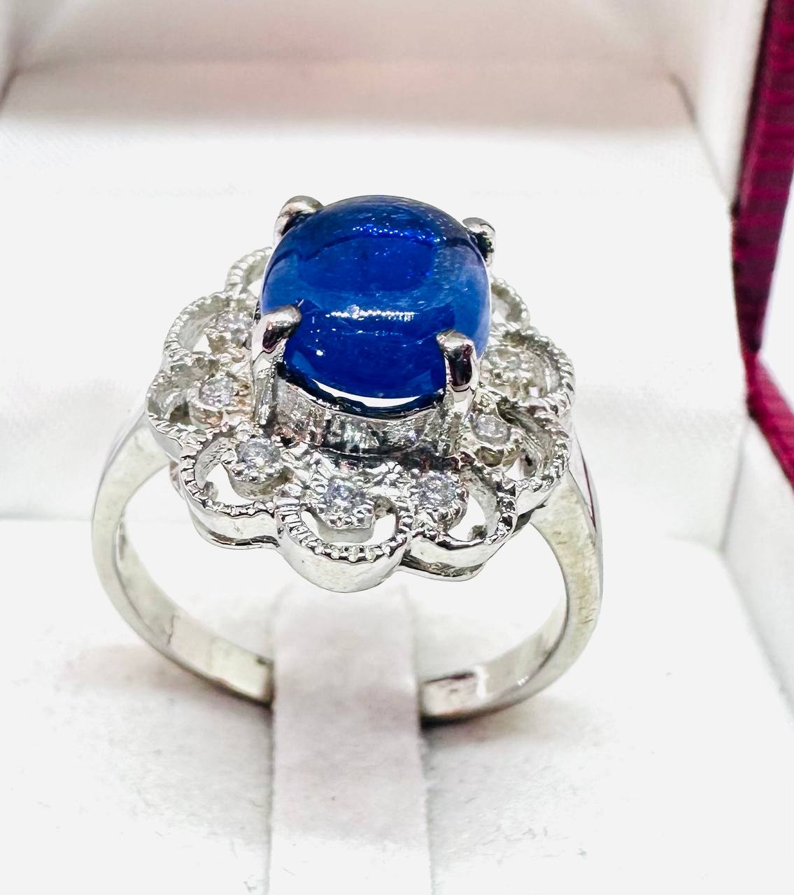 925 Sterling Silver, White Gold Plated Natural Cabochon Sapphire Ring with Swiss Diamonds — Handcrafted 5