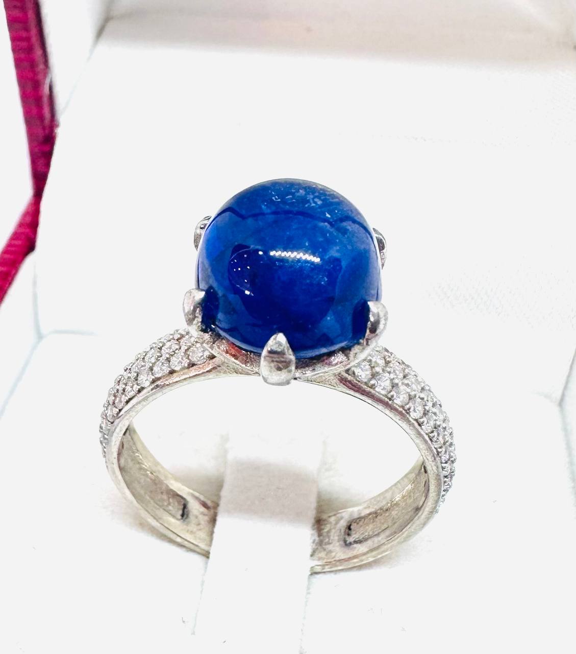 925 Sterling Silver, White Gold Plated Natural Cabochon Sapphire Ring with Swiss Diamonds — Handcrafted
