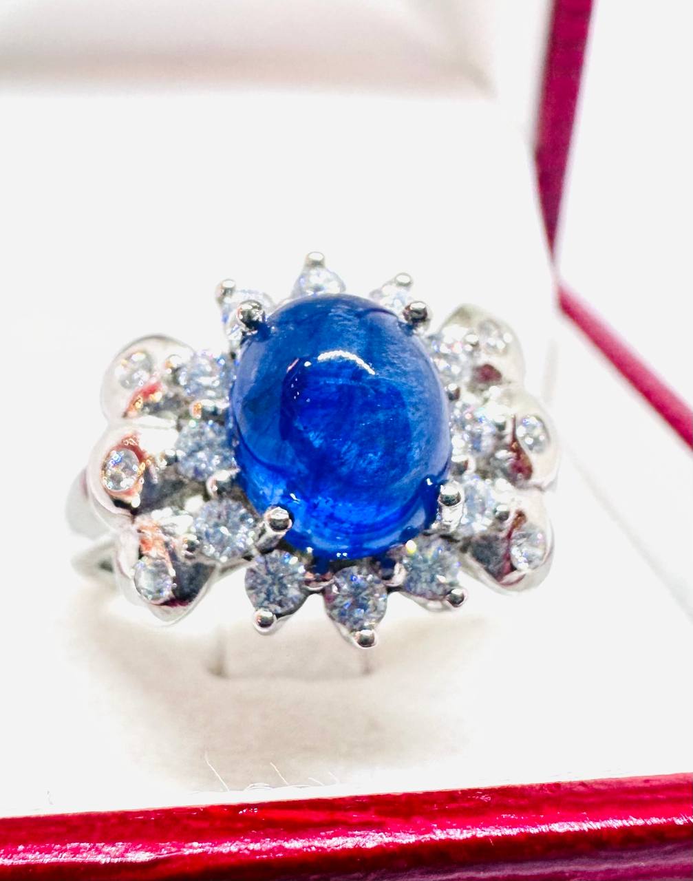 925 Sterling Silver, White Gold Plated Natural Cabochon Sapphire Ring with Swiss Diamonds — Handcrafted