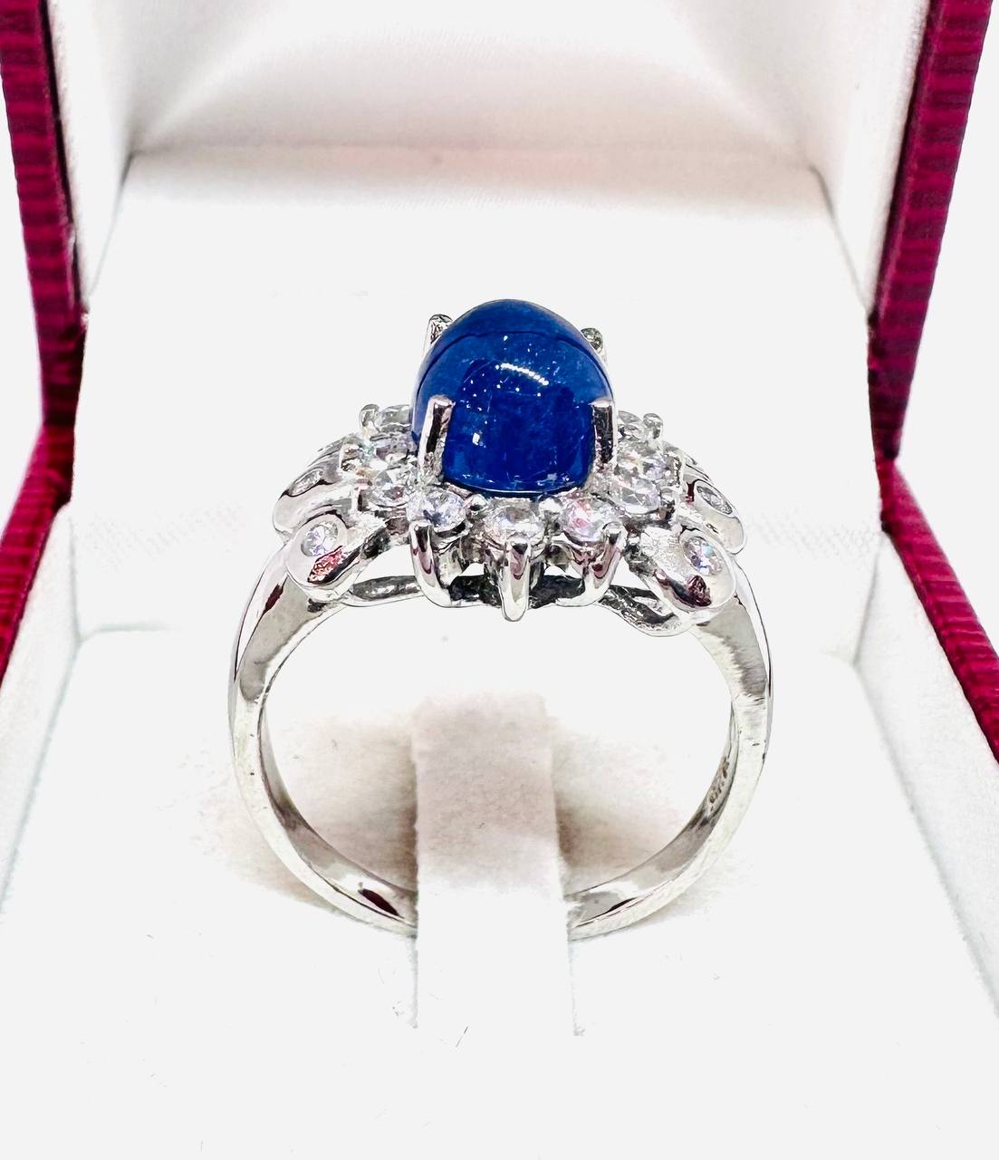 925 plata de ley, chapado en oro blanco zafiro natural cabujón anillo con Swiss diamantes 5