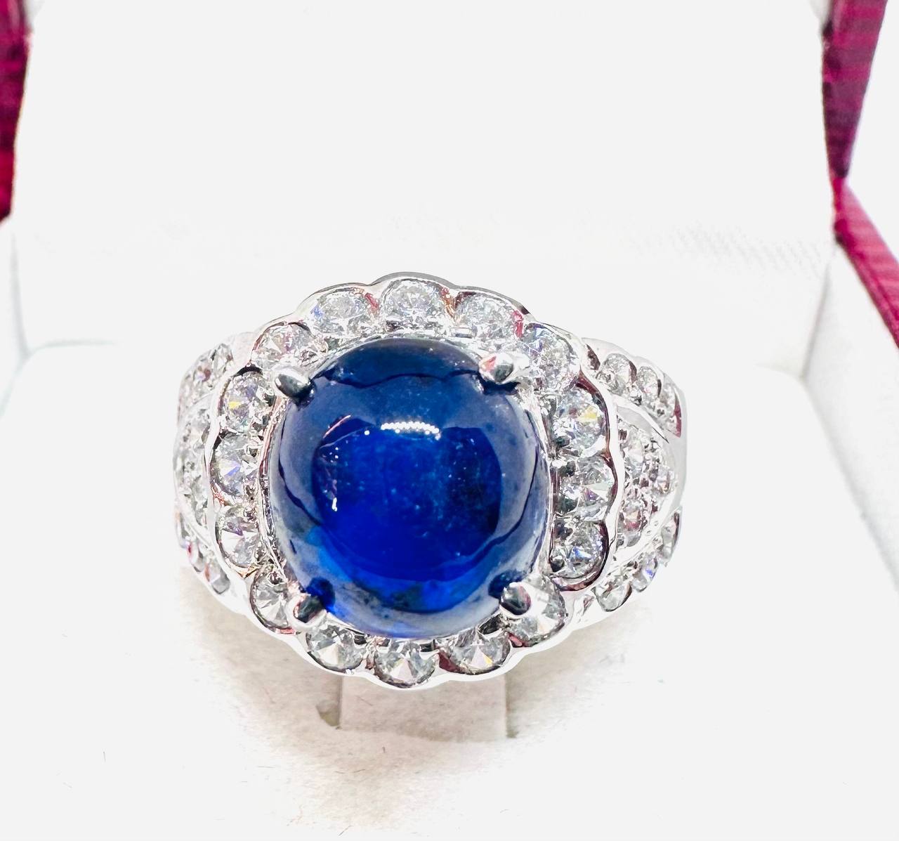 925 Sterling Silver, White Gold Plated Natural Cabochon Sapphire Ring with Swiss Diamonds — Handcrafted