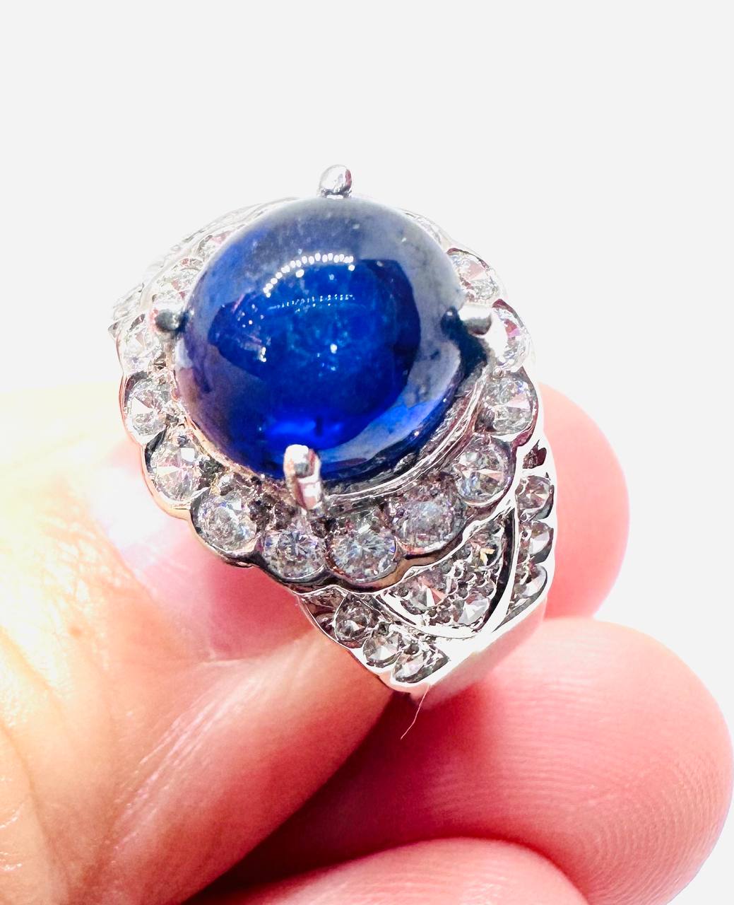 925 Sterling Silver, White Gold Plated Natural Cabochon Sapphire Ring with Swiss Diamonds — Handcrafted 2