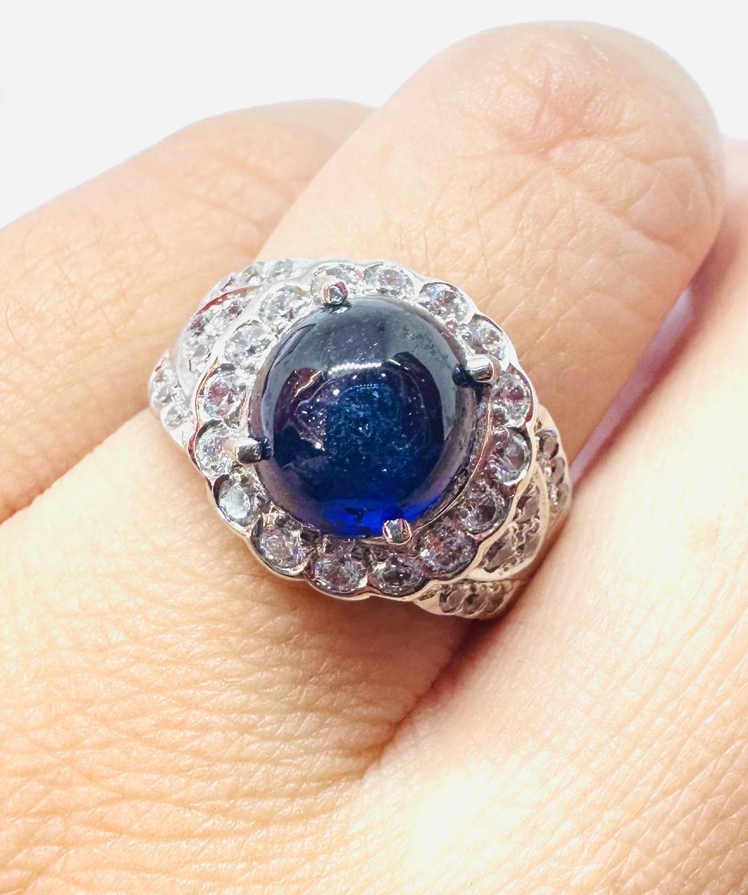 925 Sterling Silver, White Gold Plated Natural Cabochon Sapphire Ring with Swiss Diamonds — Handcrafted 3