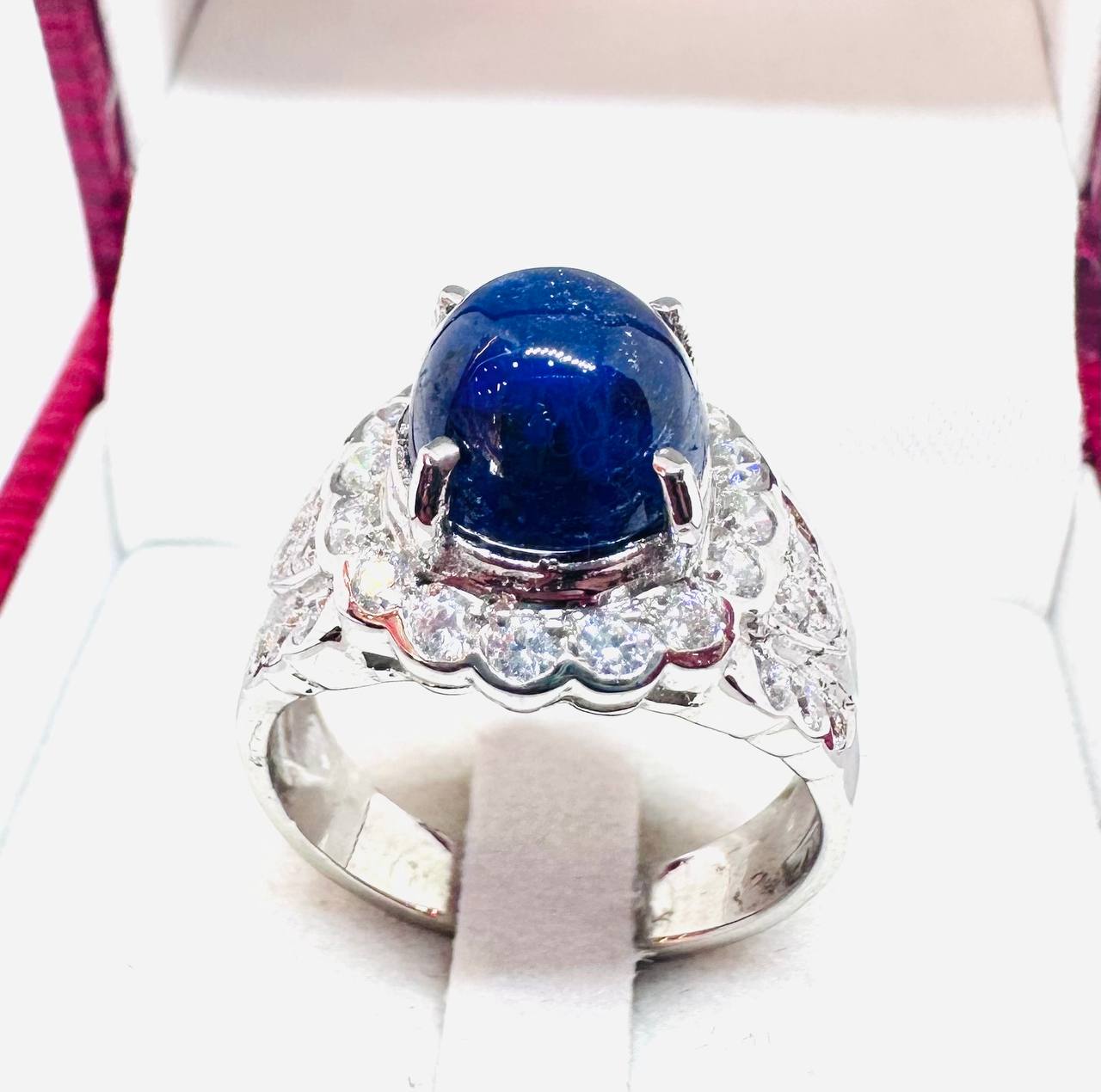 925 Sterling Silver, White Gold Plated Natural Cabochon Sapphire Ring with Swiss Diamonds — Handcrafted 4