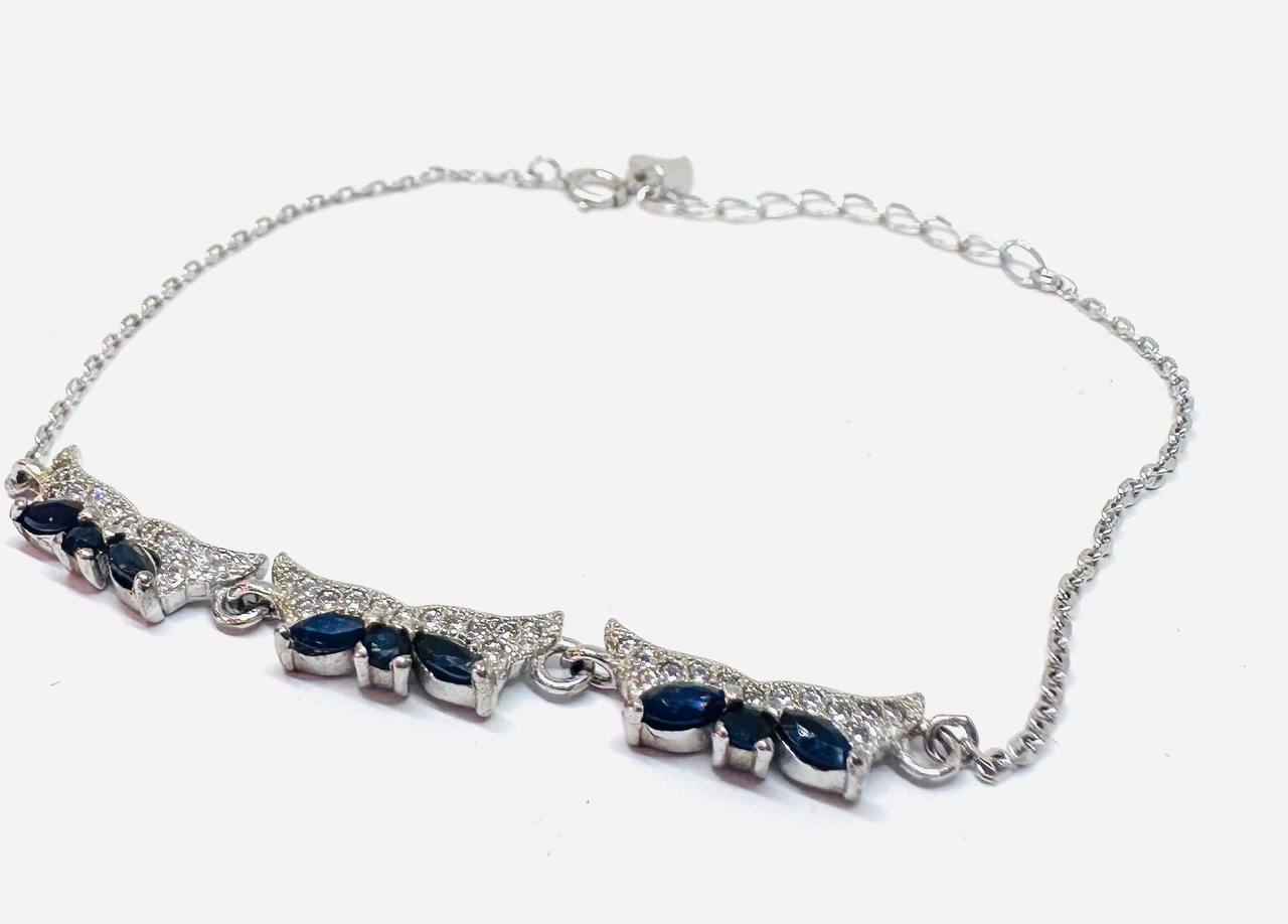 925 Sterling Silver, White Gold Plated Natural Sapphire Bracelet — Handcrafted 2