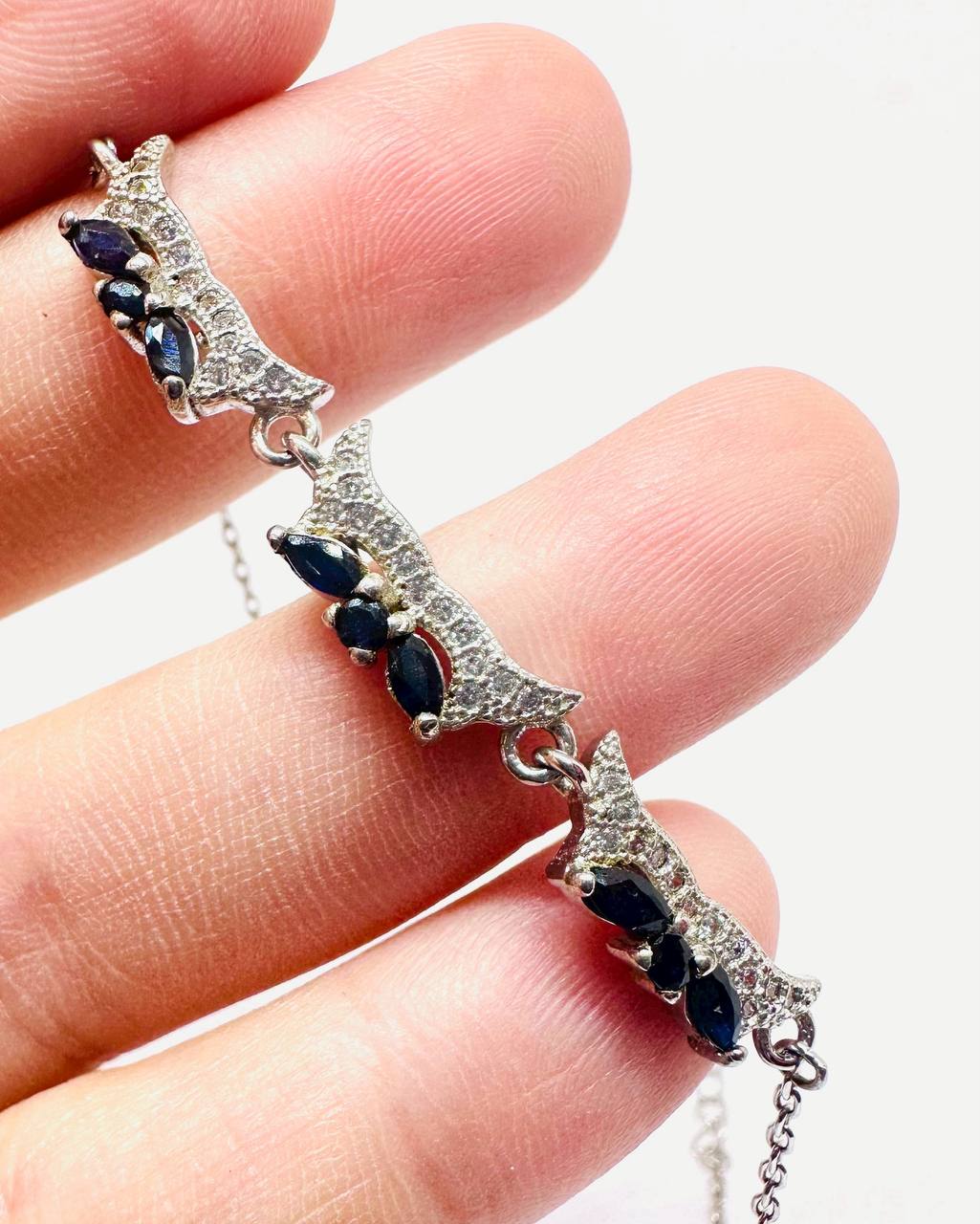 925 Sterling Silver, White Gold Plated Natural Sapphire Bracelet — Handcrafted 3