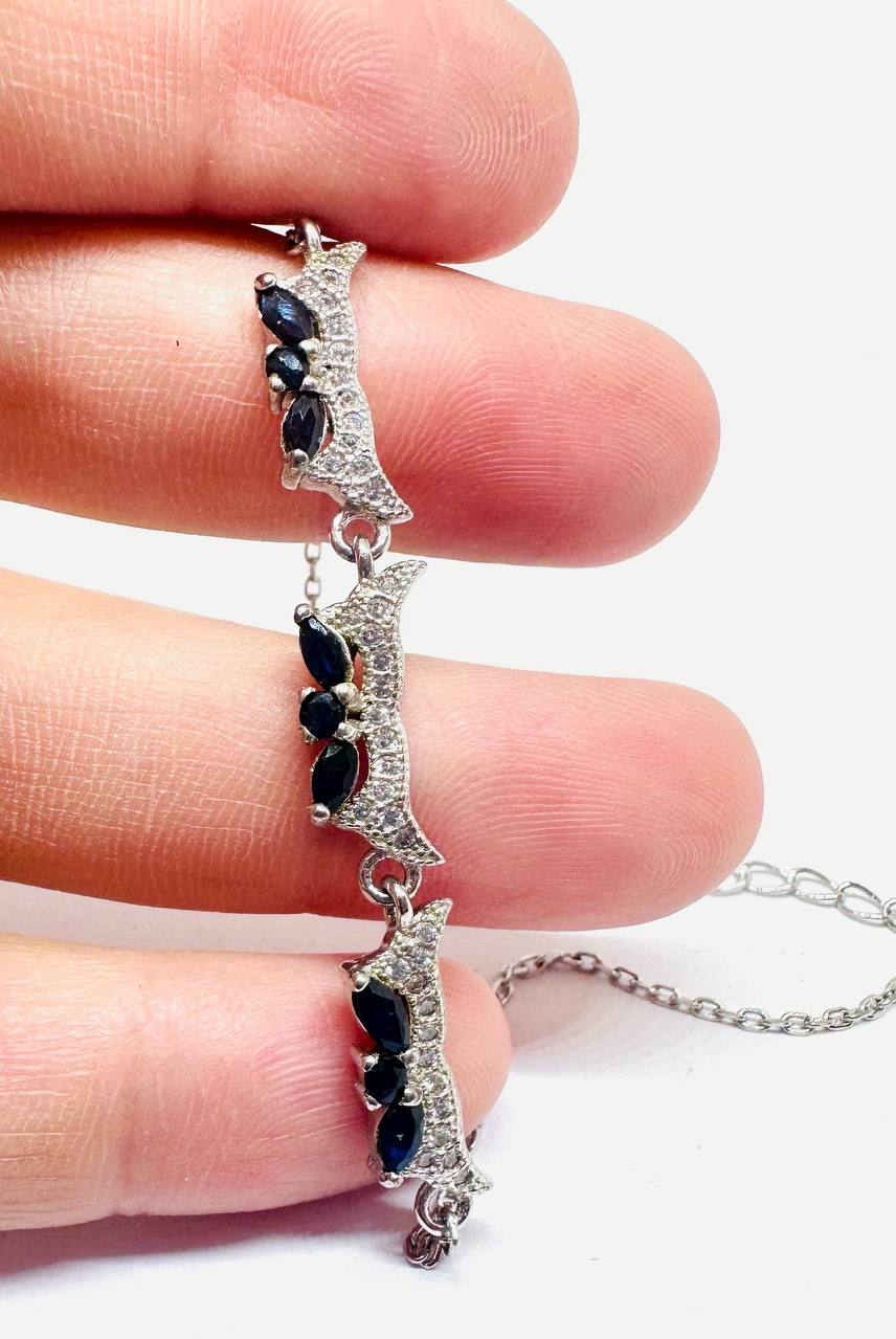 925 Sterling Silver, White Gold Plated Natural Sapphire Bracelet — Handcrafted 4