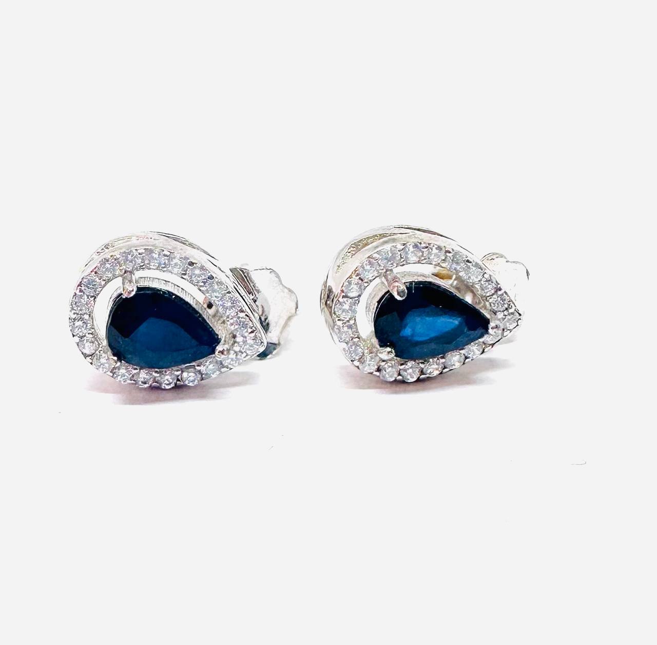 925 Sterling Silver, White Gold Plated Natural Teardrop Sapphire Drop Earrings with Swiss Diamonds — Handcrafted