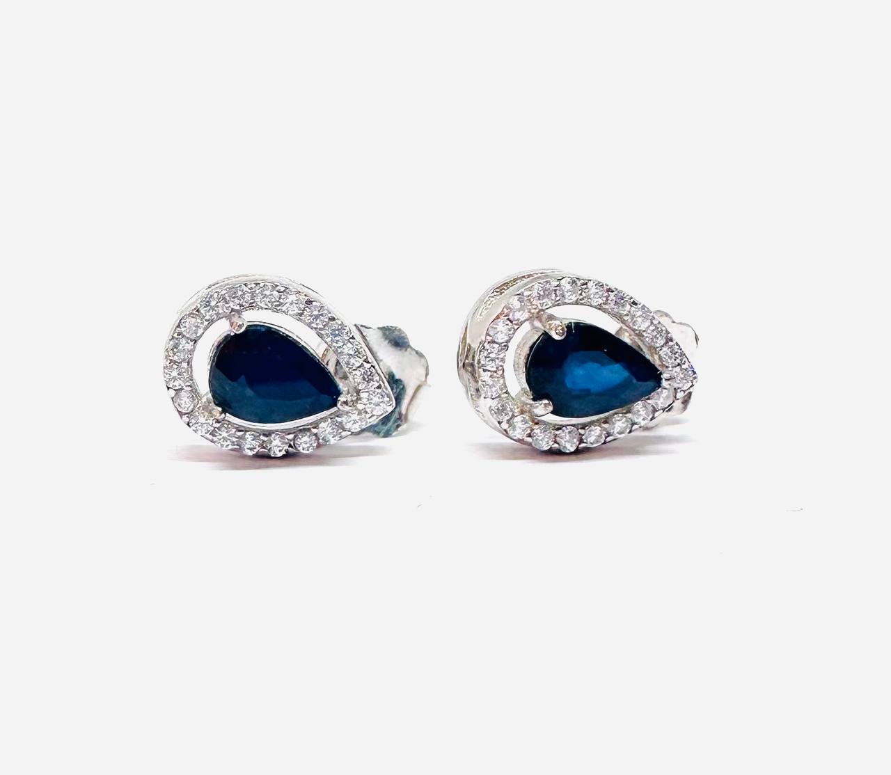 925 Sterling Silver, White Gold Plated Natural Teardrop Sapphire Drop Earrings with Swiss Diamonds — Handcrafted 2