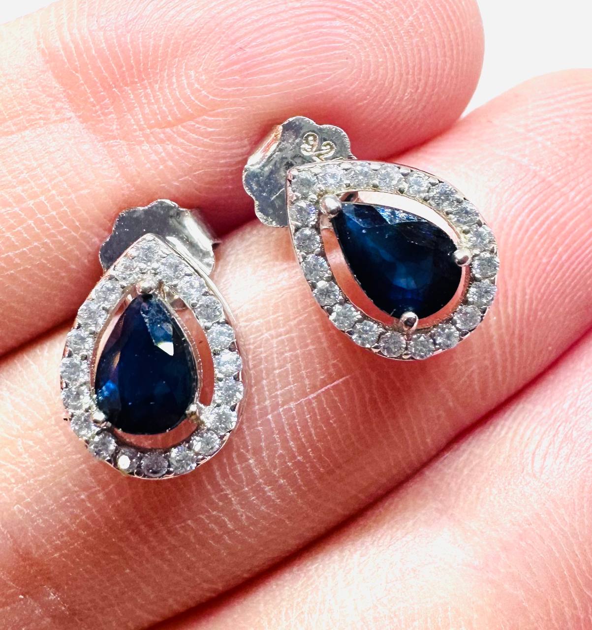 925 Sterling Silver, White Gold Plated Natural Teardrop Sapphire Drop Earrings with Swiss Diamonds — Handcrafted 3