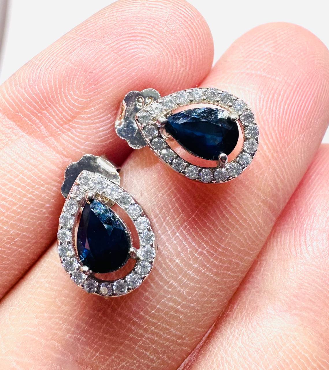 925 Sterling Silver, White Gold Plated Natural Teardrop Sapphire Drop Earrings with Swiss Diamonds — Handcrafted 4