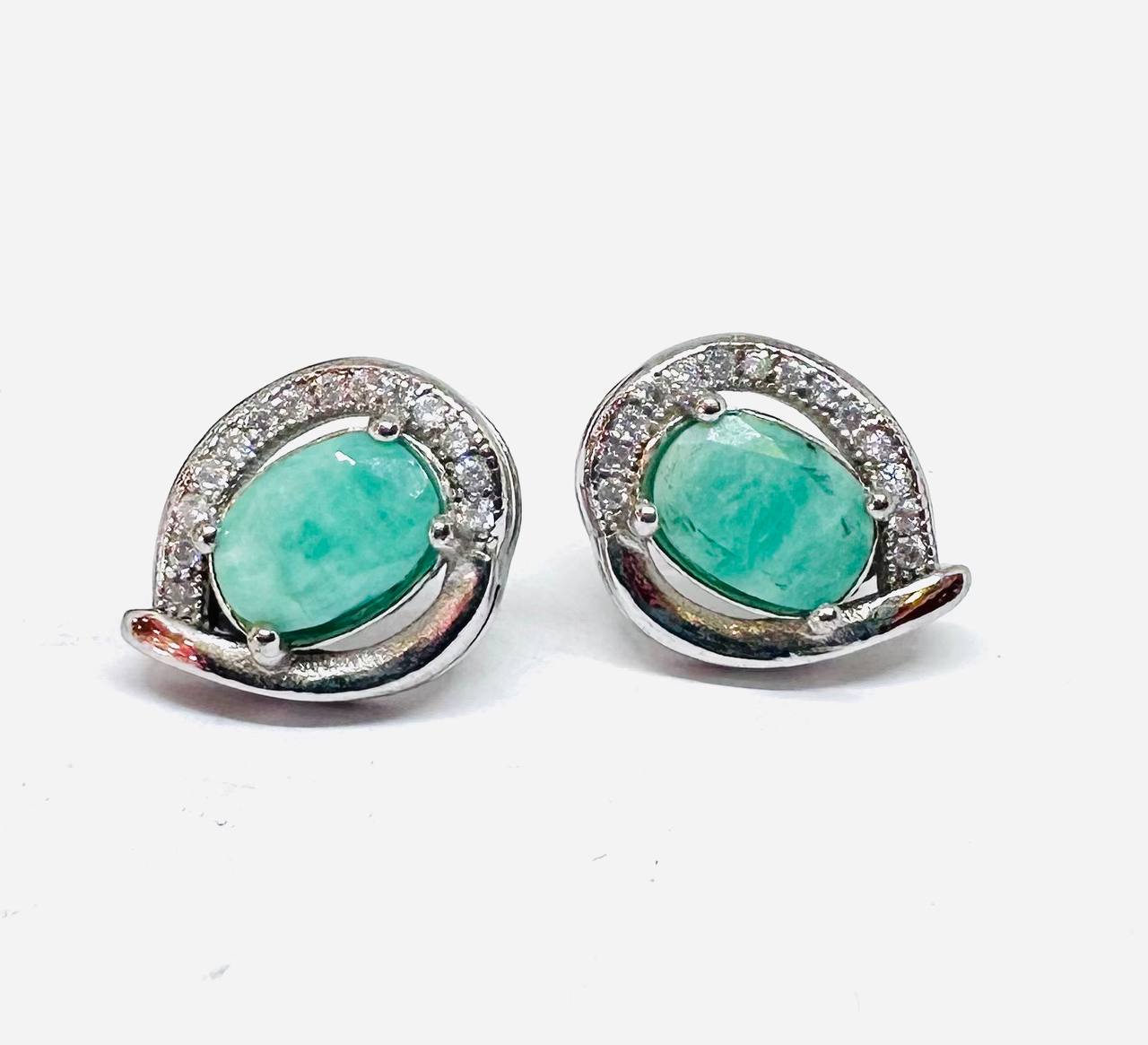 925 Sterling Silver (Stamped), White Gold Plated Natural Zambian Emerald Stud Earrings with Swiss Diamonds — Handcrafted