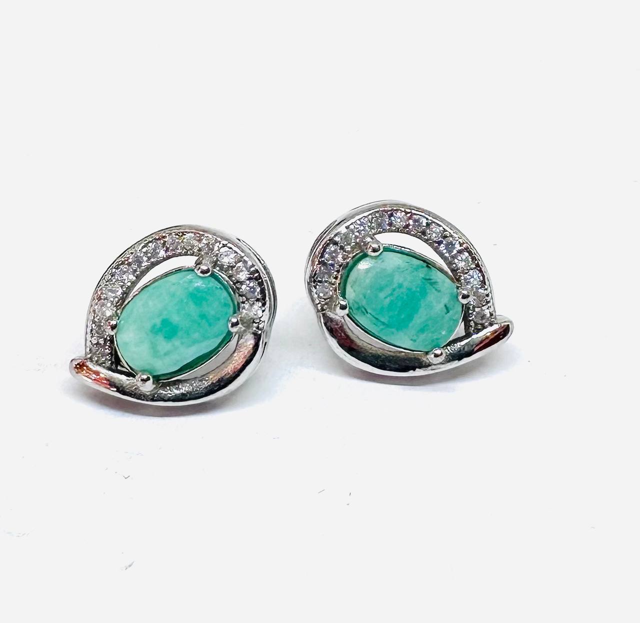925 Sterling Silver (Stamped), White Gold Plated Natural Zambian Emerald Stud Earrings with Swiss Diamonds — Handcrafted 2