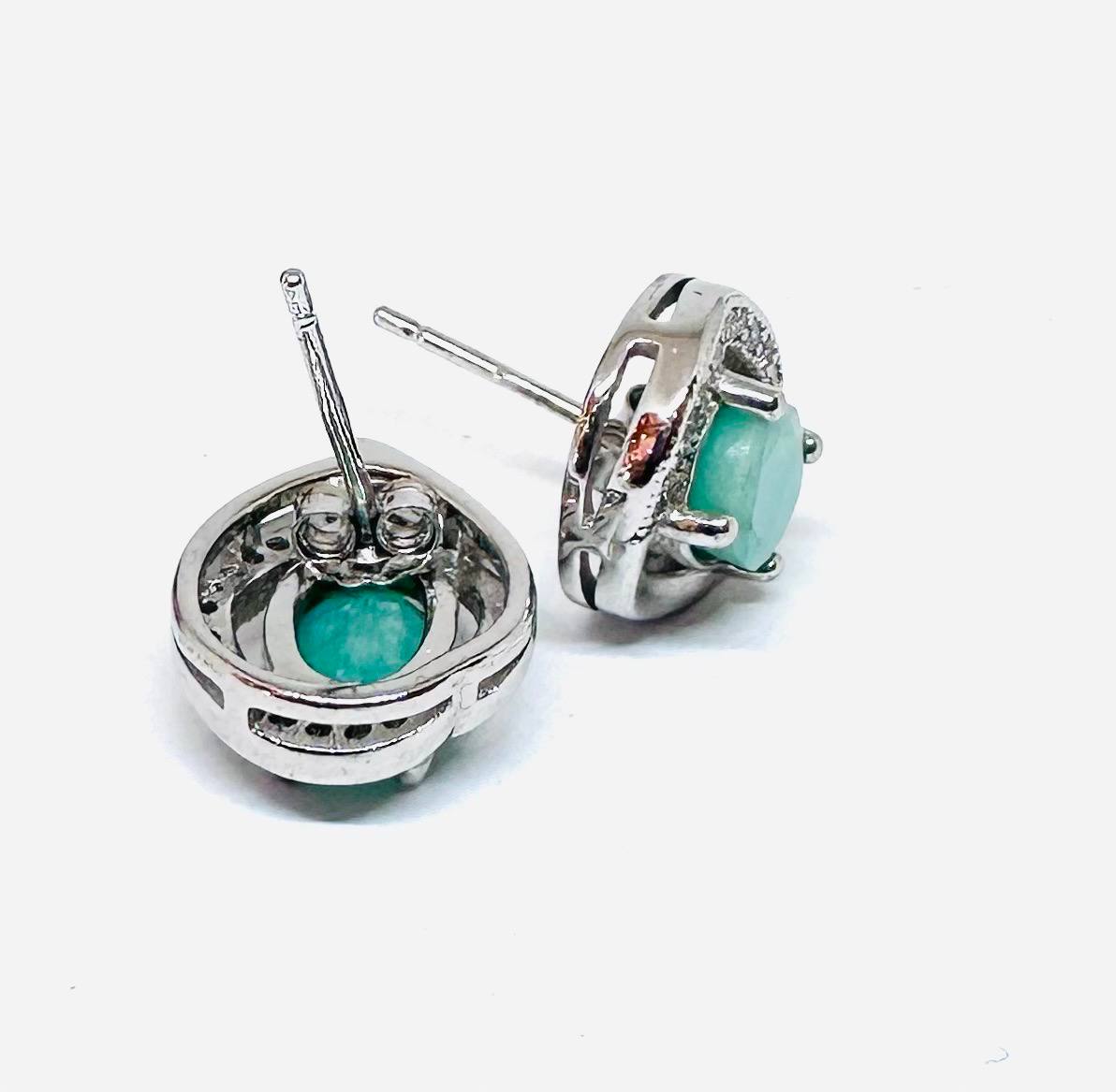 925 Sterling Silver (Stamped), White Gold Plated Natural Zambian Emerald Stud Earrings with Swiss Diamonds — Handcrafted 3