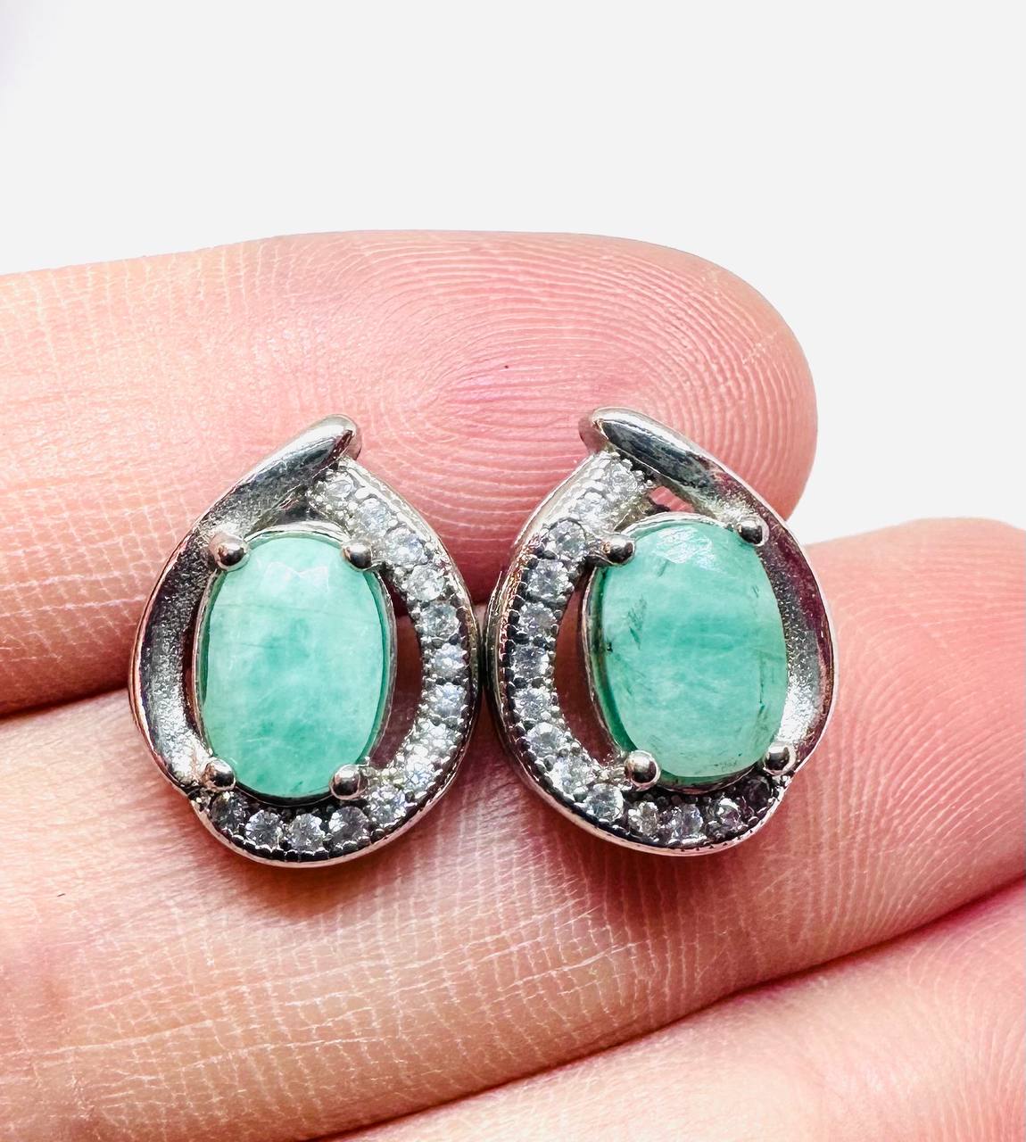 925 Sterling Silver (Stamped), White Gold Plated Natural Zambian Emerald Stud Earrings with Swiss Diamonds — Handcrafted 4