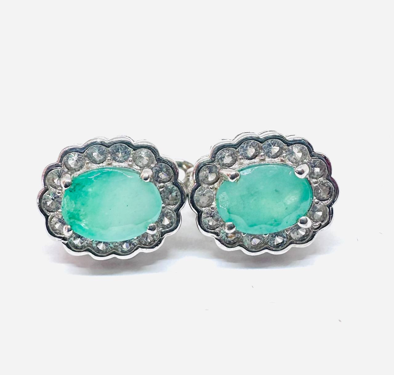 925 Sterling Silver (Stamped), White Gold Plated Natural Zambian Emerald Drop Earrings with Swiss Diamonds — Handcrafted