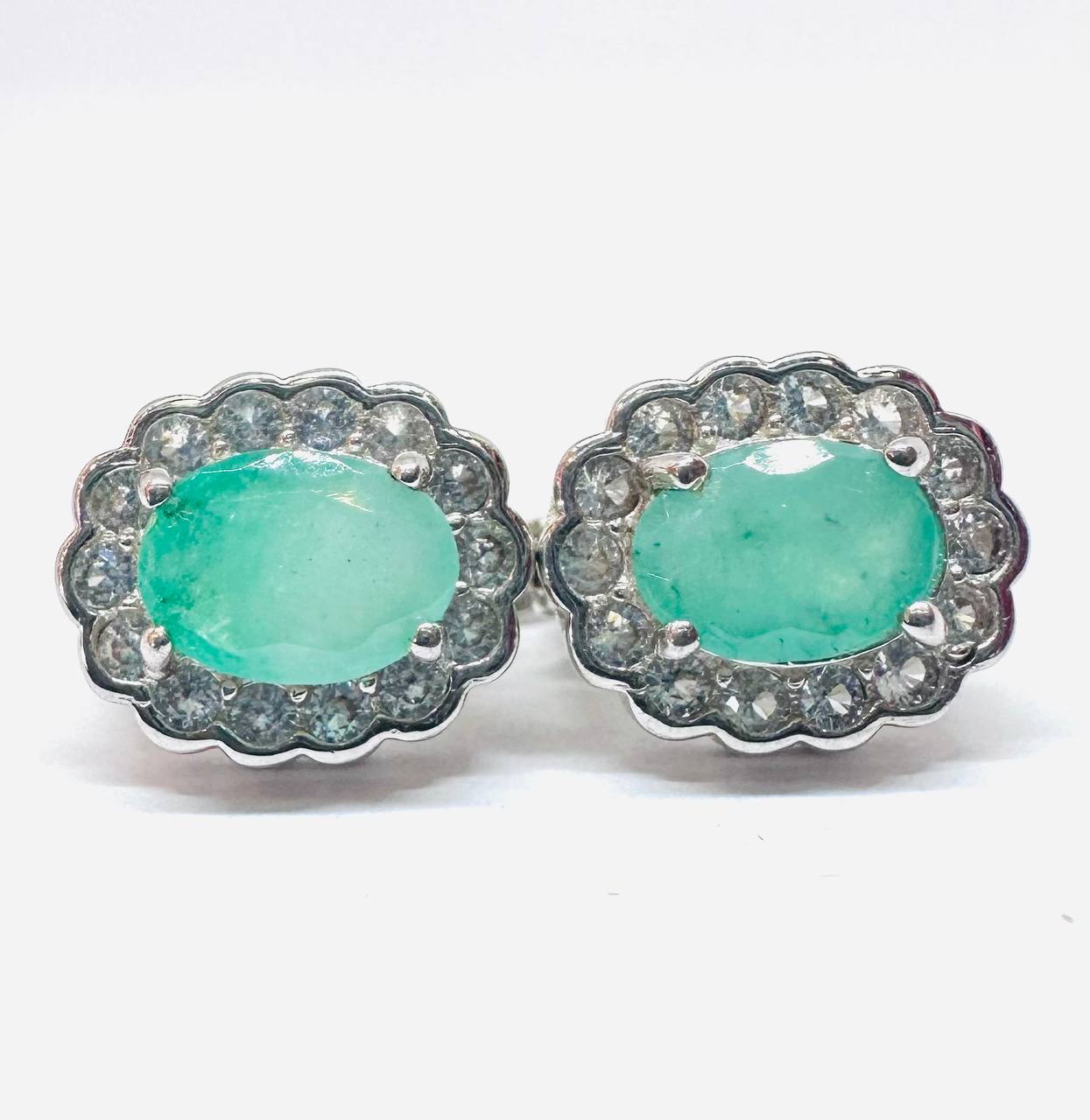 925 Sterling Silver (Stamped), White Gold Plated Natural Zambian Emerald Drop Earrings with Swiss Diamonds — Handcrafted 2