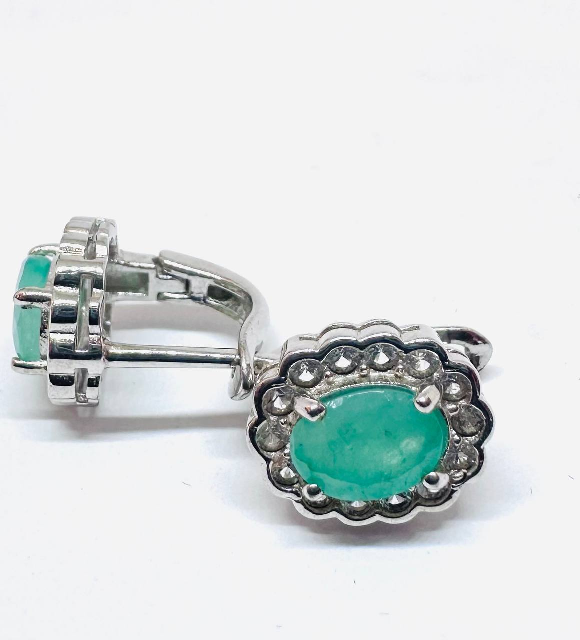 925 Sterling Silver (Stamped), White Gold Plated Natural Zambian Emerald Drop Earrings with Swiss Diamonds — Handcrafted 3