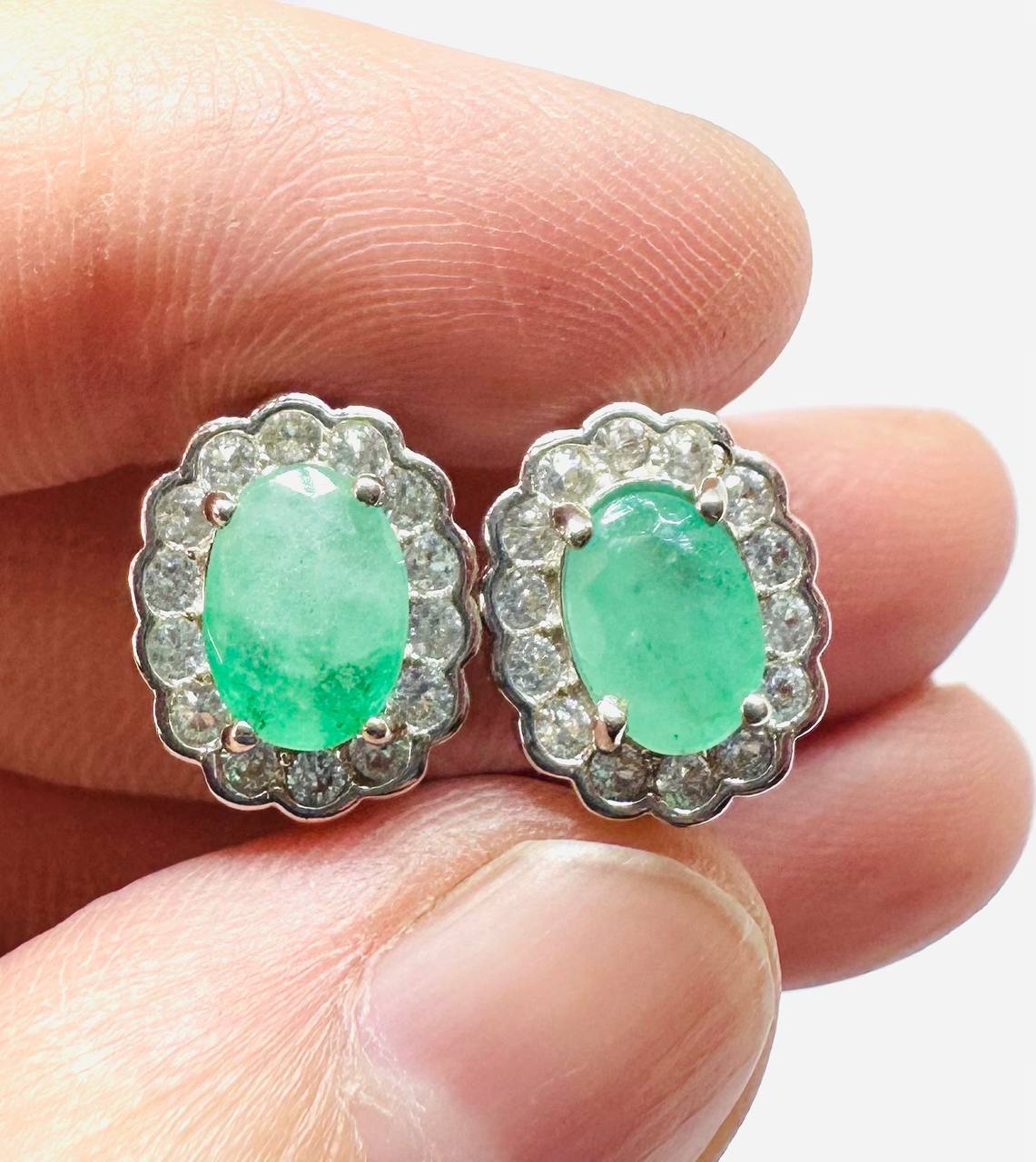 925 Sterling Silver (Stamped), White Gold Plated Natural Zambian Emerald Drop Earrings with Swiss Diamonds — Handcrafted 4